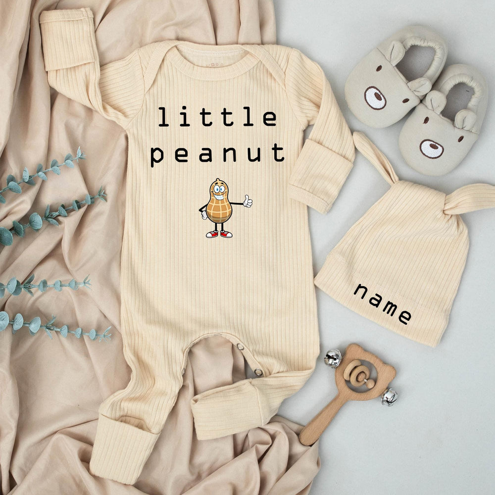 Little Peanut Baby Bodysuit and Hat Set with Custom Name Adorable Cartoon Design Unisex Infant Gift Soft Cotton Going Home Outfit Keepsake