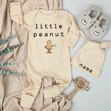 Little Peanut Baby Bodysuit and Hat Set with Custom Name Adorable Cartoon Design Unisex Infant Gift Soft Cotton Going Home Outfit Keepsake