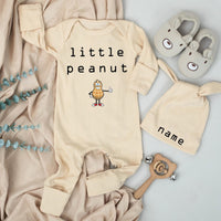 Little Peanut Baby Bodysuit and Hat Set with Custom Name Adorable Cartoon Design Unisex Infant Gift Soft Cotton Going Home Outfit Keepsake