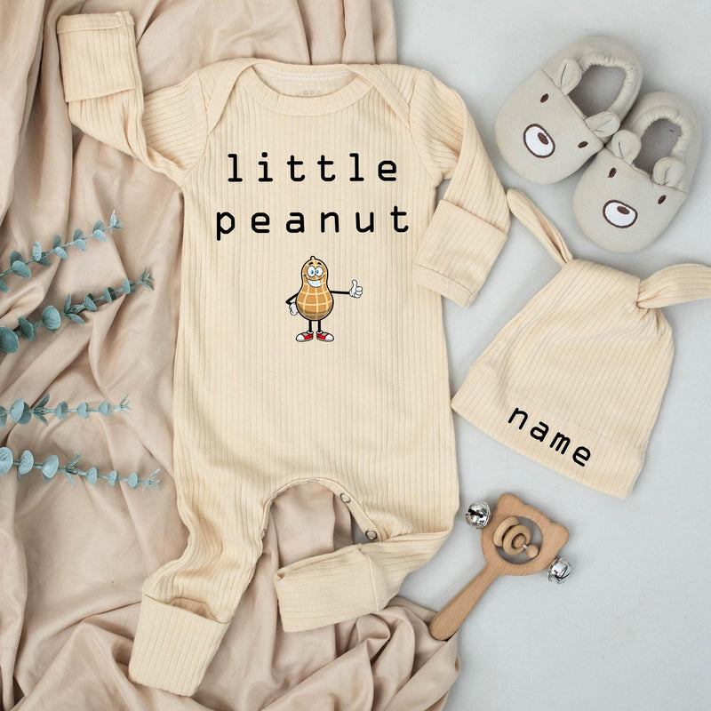 Little Peanut Baby Bodysuit and Hat Set with Custom Name Adorable Cartoon Design Unisex Infant Gift Soft Cotton Going Home Outfit Keepsake