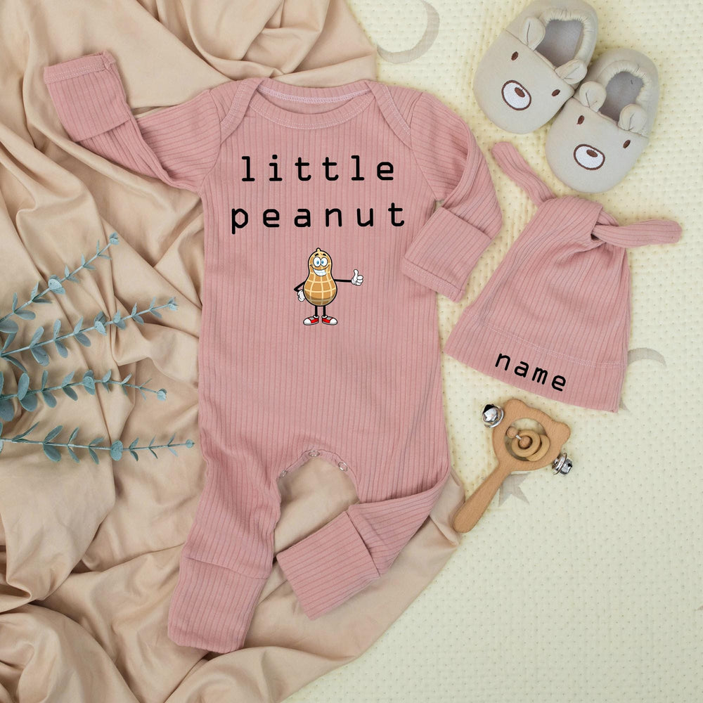 Little Peanut Baby Bodysuit and Hat Set with Custom Name Adorable Cartoon Design Unisex Infant Gift Soft Cotton Going Home Outfit Keepsake