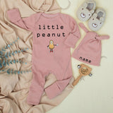 Little Peanut Baby Bodysuit and Hat Set with Custom Name Adorable Cartoon Design Unisex Infant Gift Soft Cotton Going Home Outfit Keepsake