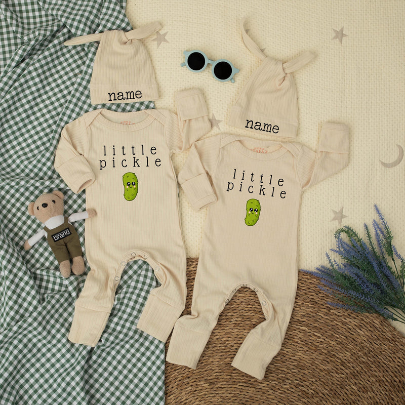 Little Pickle Baby Bodysuit and Hat Set with Custom Name Minimalist Design Unisex Newborn Outfit Cute Gift for Baby Shower or Keepsake
