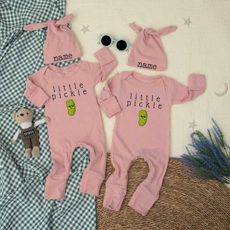 Little Pickle Baby Bodysuit and Hat Set with Custom Name Minimalist Design Unisex Newborn Outfit Cute Gift for Baby Shower or Keepsake