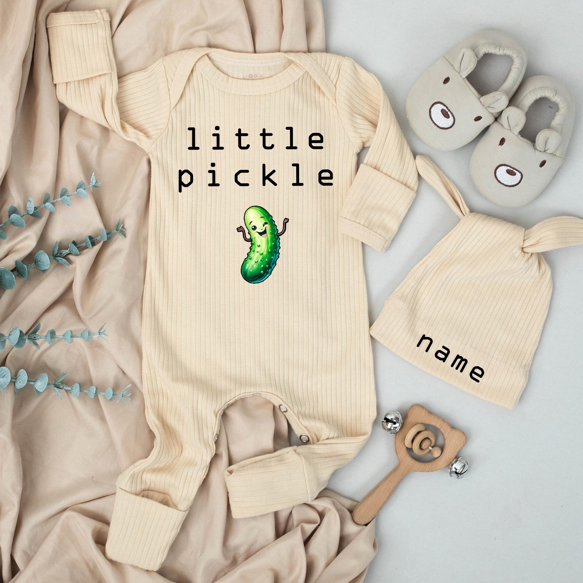 Little Pickle Baby Bodysuit and Personalized Hat Set Cute Green Pickle Design Unisex Baby Gift Newborn Going Home Outfit Keepsake