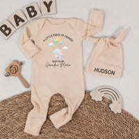 Custom Heaven Sent Baby Romper with Name, Beige Long Sleeve Bodysuit Featuring Angelic Elephant Artwork, Perfect for Memorial Newborn Gift