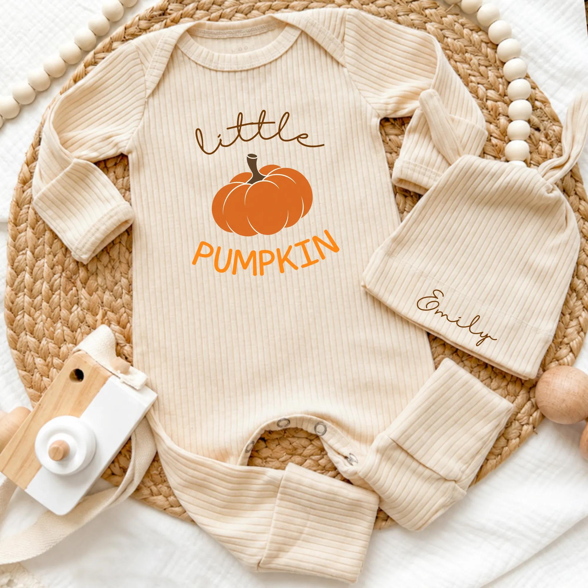 Little Pumpkin Baby Bodysuit and Hat Set with Custom Name, Fall Newborn Coming Home Outfit, Autumn Baby Shower Gift