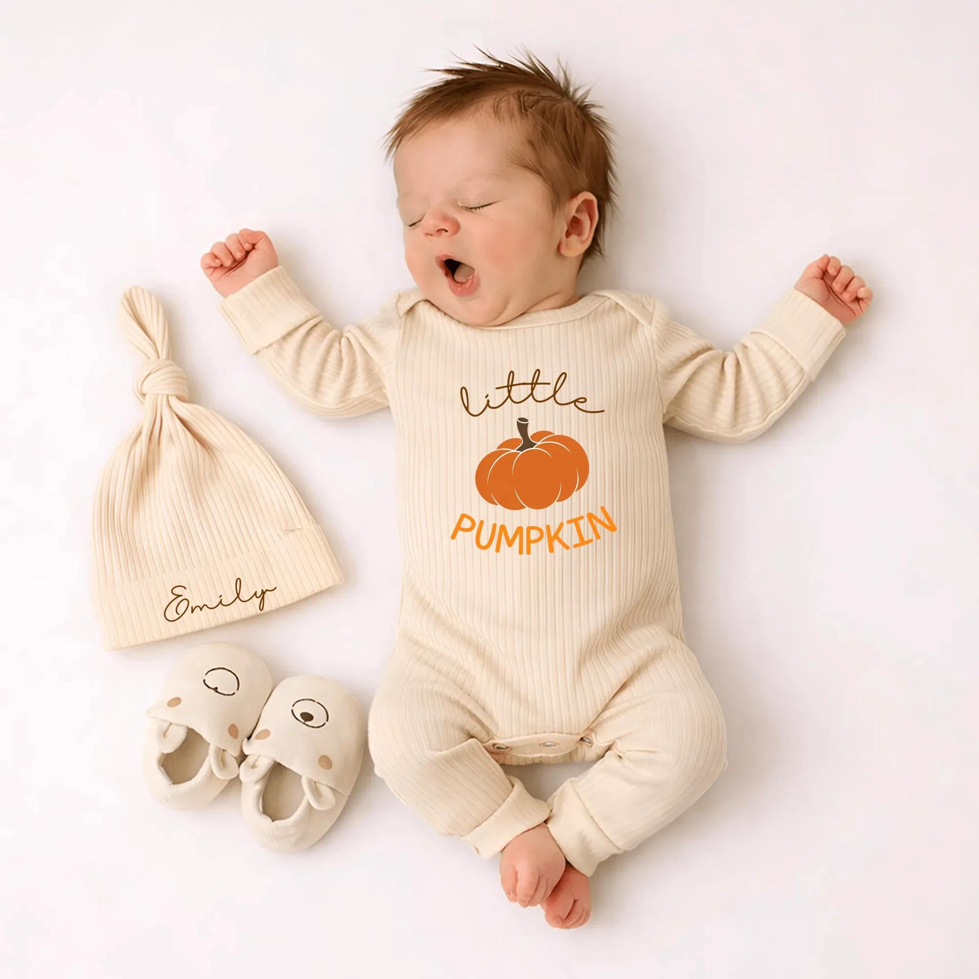 Little Pumpkin Baby Bodysuit and Hat Set with Custom Name, Fall Newborn Coming Home Outfit, Autumn Baby Shower Gift