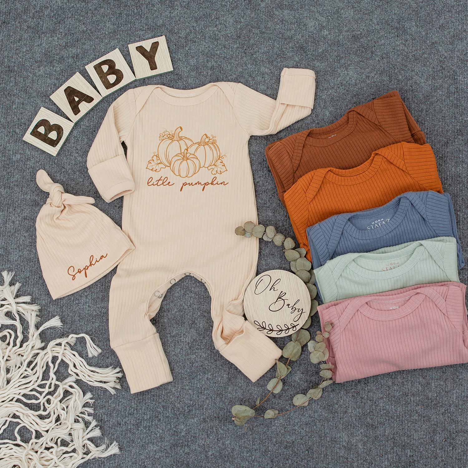 Little Pumpkin Baby Bodysuit and Hat Set Newborn Cozy Fall Gift for Baby Shower Personalized Coming Home Outfit Long Sleeve Soft Cotton