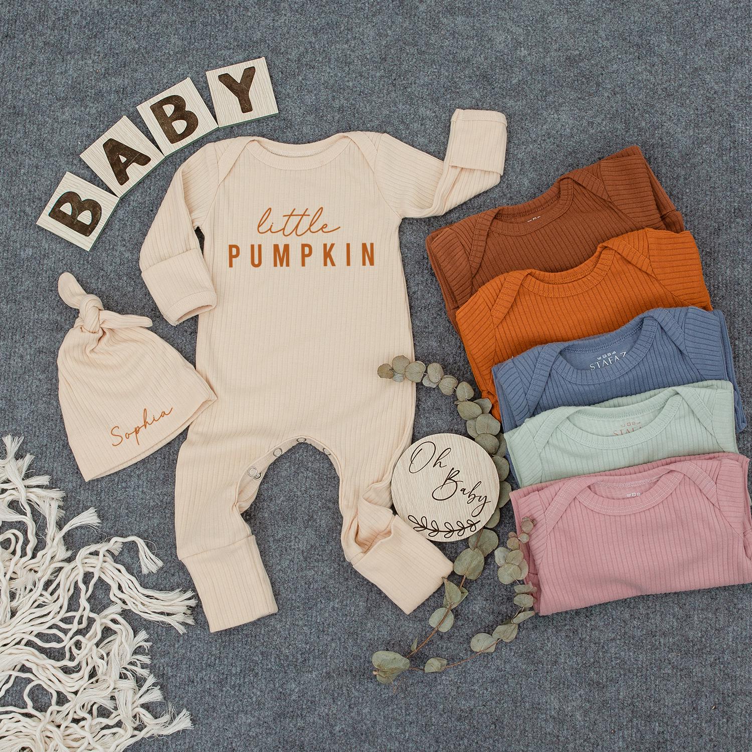 Little Pumpkin Baby Bodysuit and Hat Set Personalized Autumn Newborn Outfit Cozy Cotton Fall Baby Shower Gift