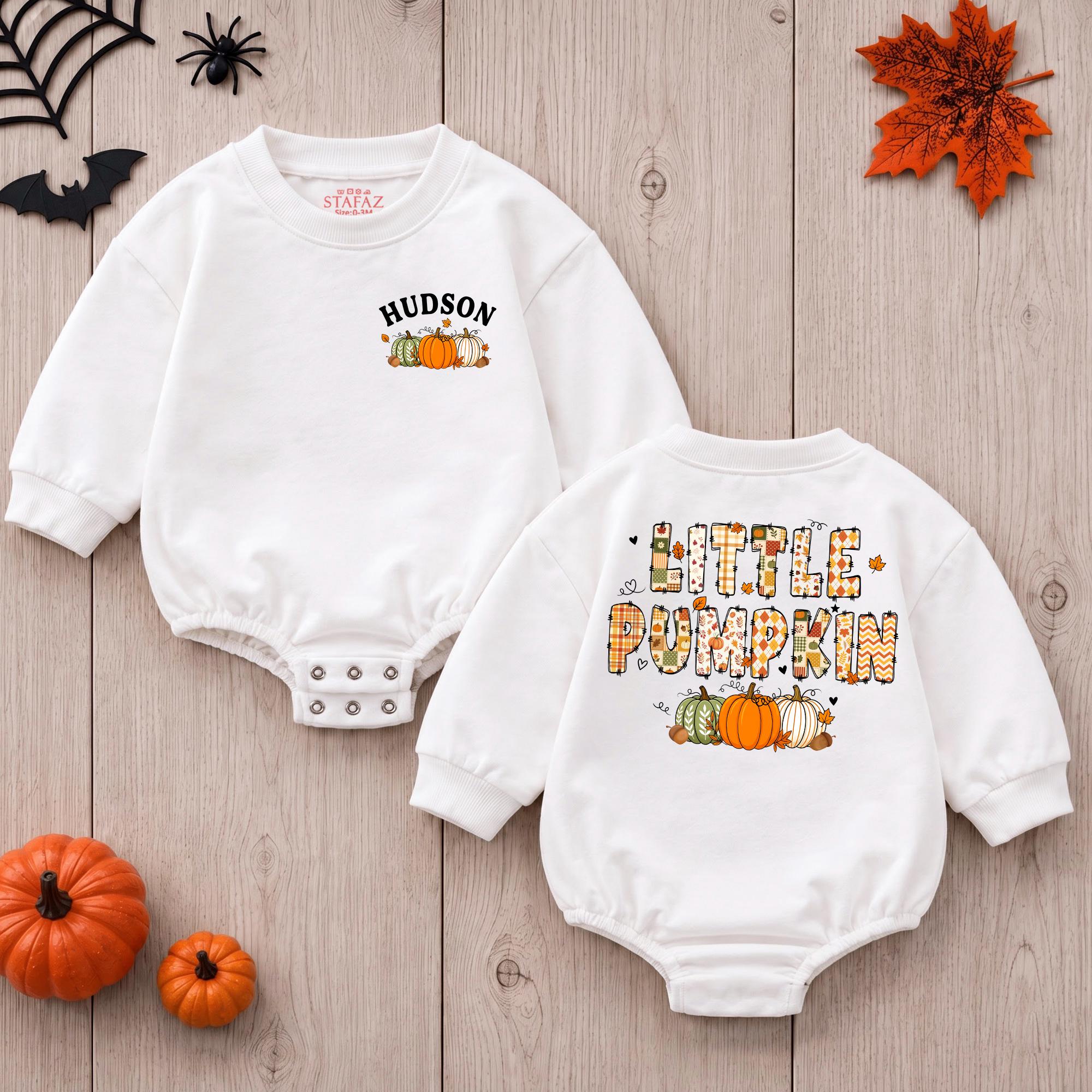 Little Pumpkin Baby Romper with Custom Name, Cute Halloween Fall Outfit for Pumpkin Patch Photos and Newborn Baby Shower Gift