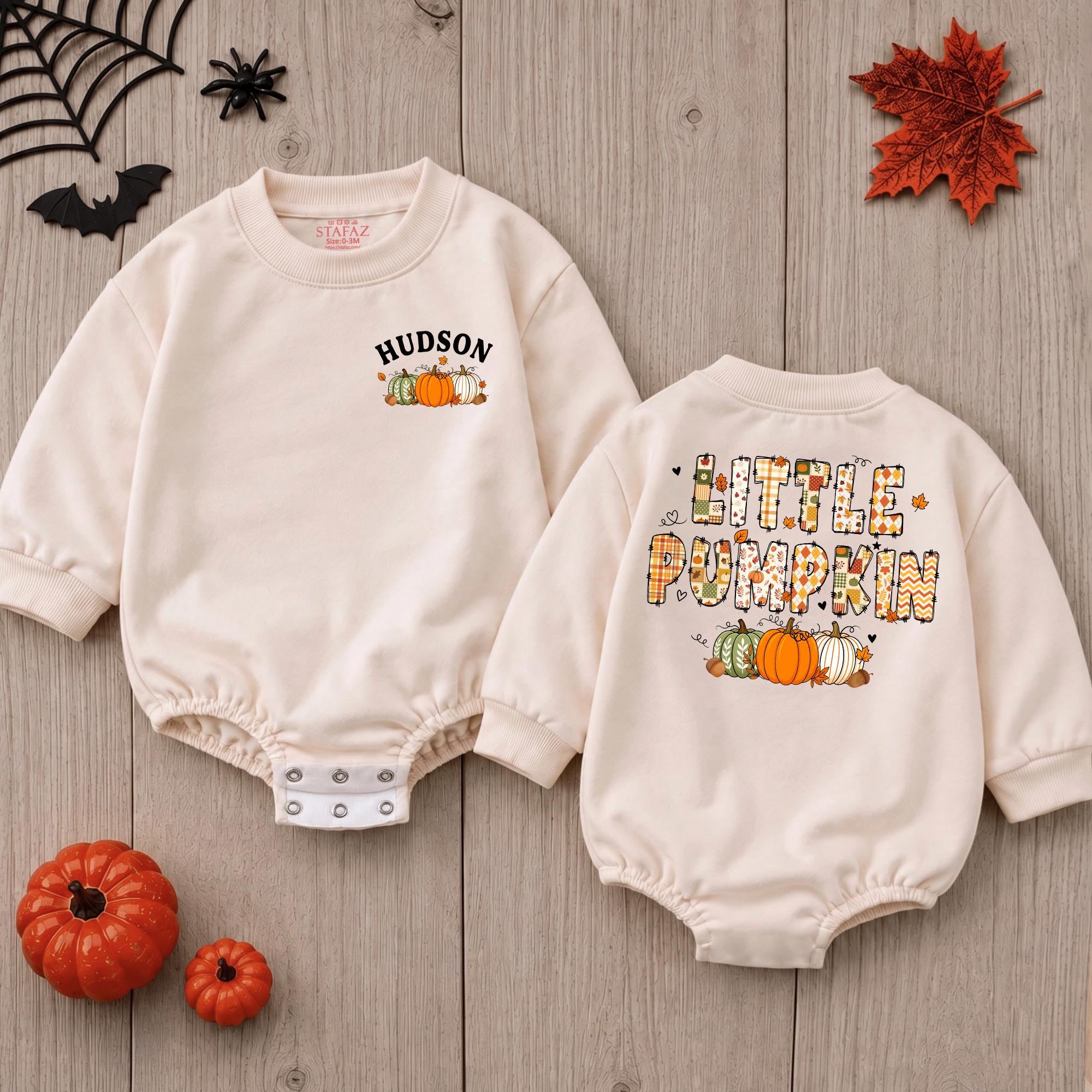 Little Pumpkin Baby Romper with Custom Name, Cute Halloween Fall Outfit for Pumpkin Patch Photos and Newborn Baby Shower Gift
