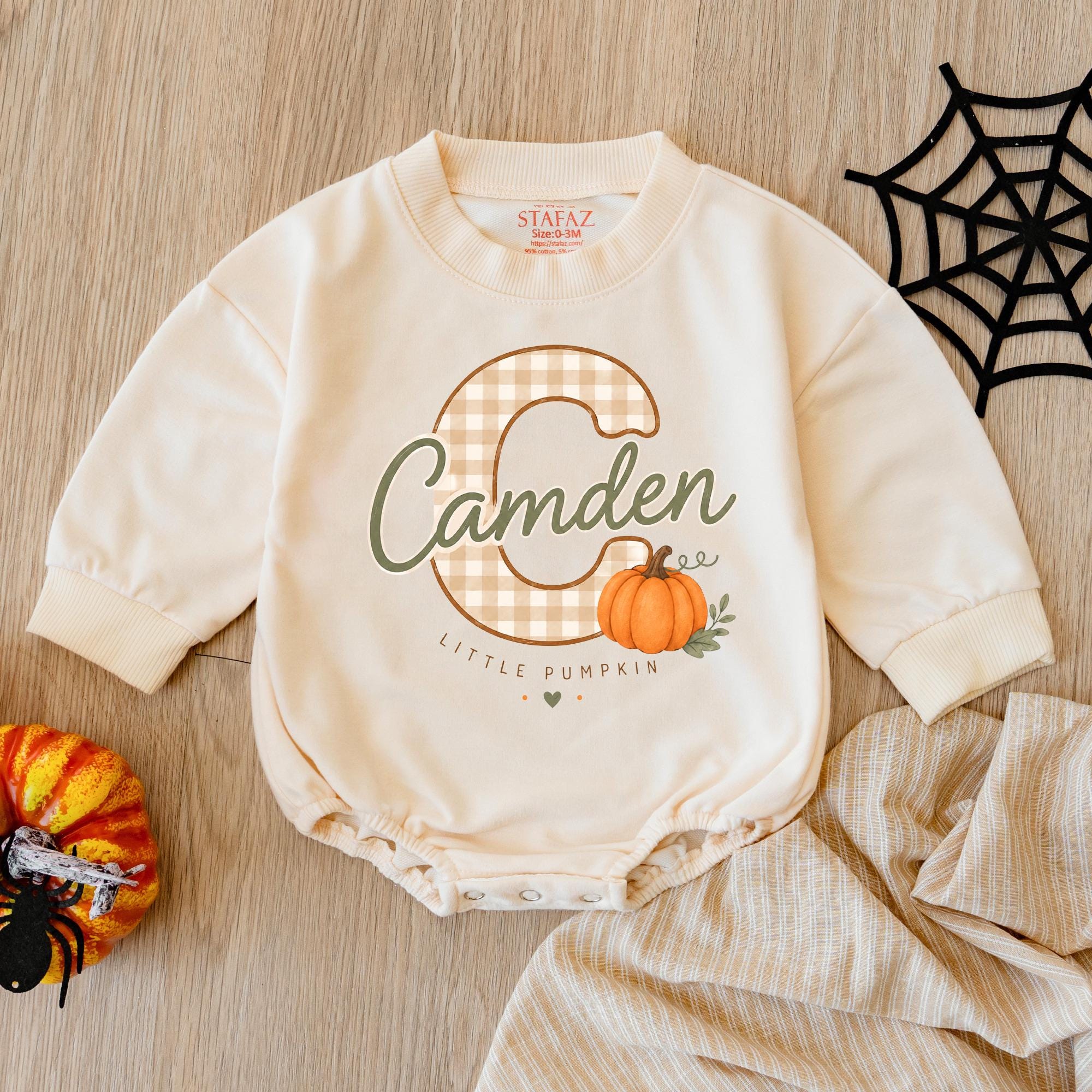 Little Pumpkin Baby Romper with Gingham Initial and Custom Name, Fall-Themed Infant Outfit for Halloween or Pumpkin Patch Photos