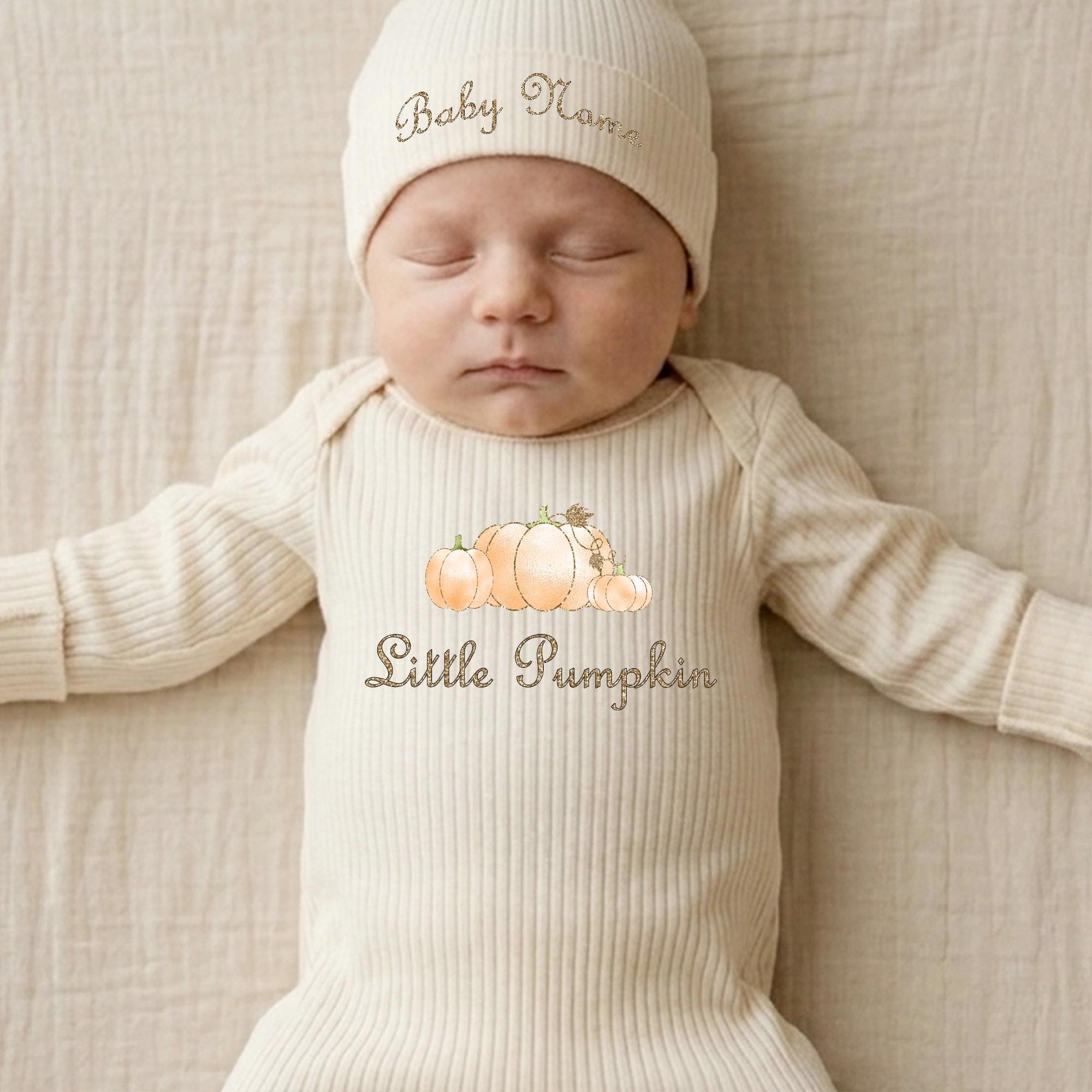 Little Pumpkin Baby Romper with Matching Hat, Fall Newborn Coming Home Outfit, Personalized Name Hat, Autumn Baby Shower Gift