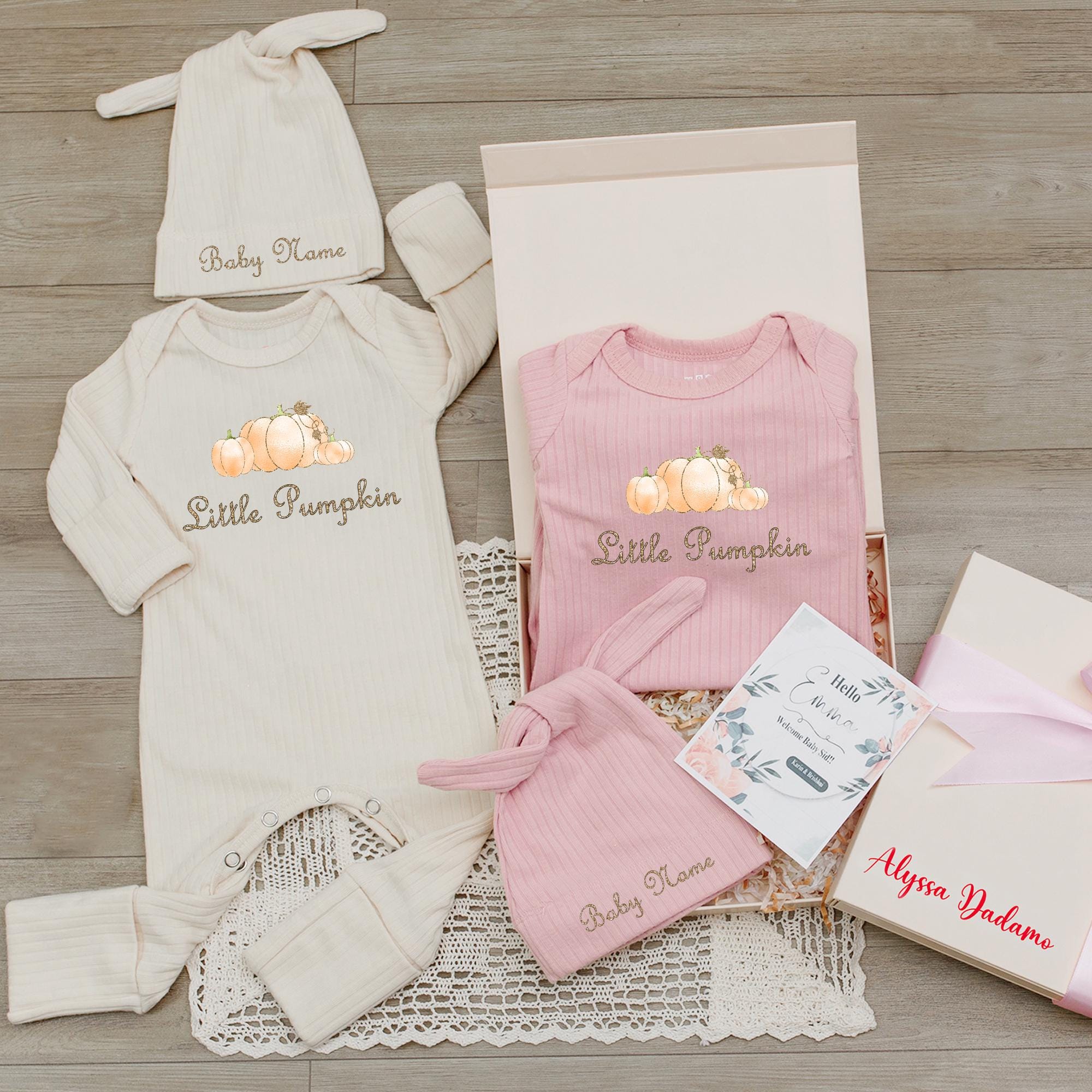 Little Pumpkin Baby Romper with Matching Hat, Fall Newborn Coming Home Outfit, Personalized Name Hat, Autumn Baby Shower Gift