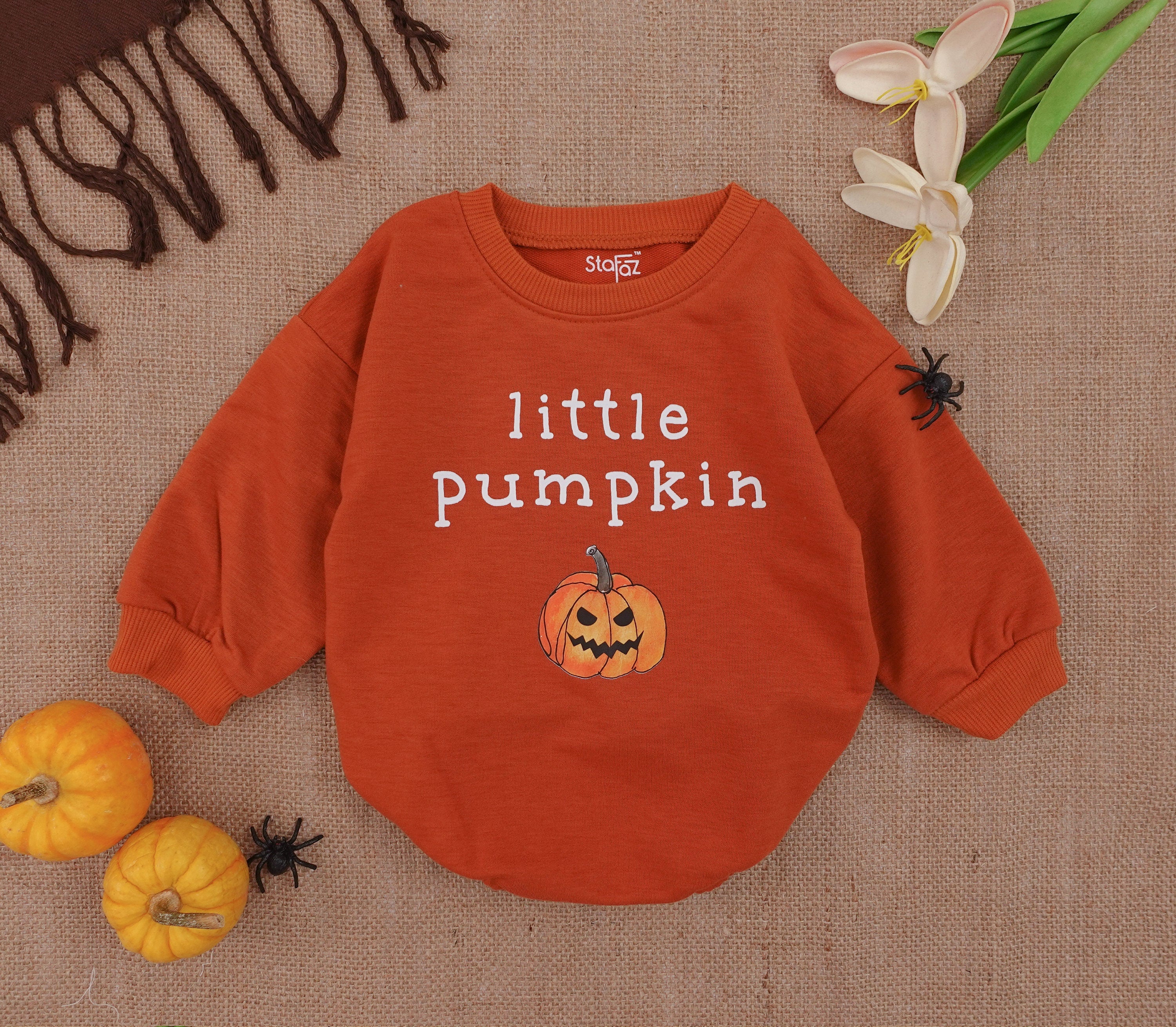 Little Pumpkin Baby Romper with Smiling Pumpkin Graphic Cute Fall Outfit for Infant Girl or Boy Cozy Baby Shower Gift Autumn Bodysuit