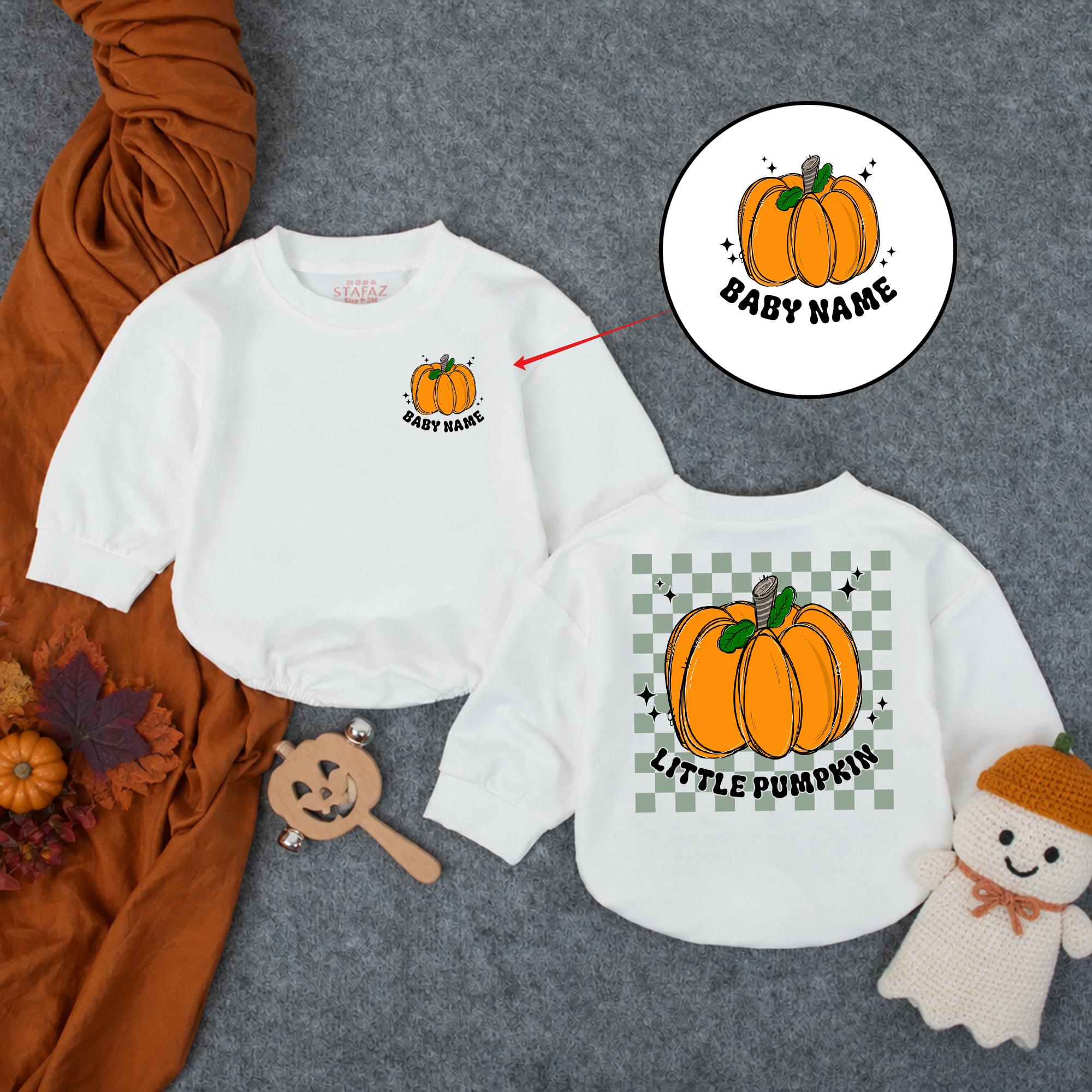 Little Pumpkin Baby Sweatshirt Romper with Retro Checkered Artwork, Custom Name Fall Outfit for Pumpkin Patch or Halloween