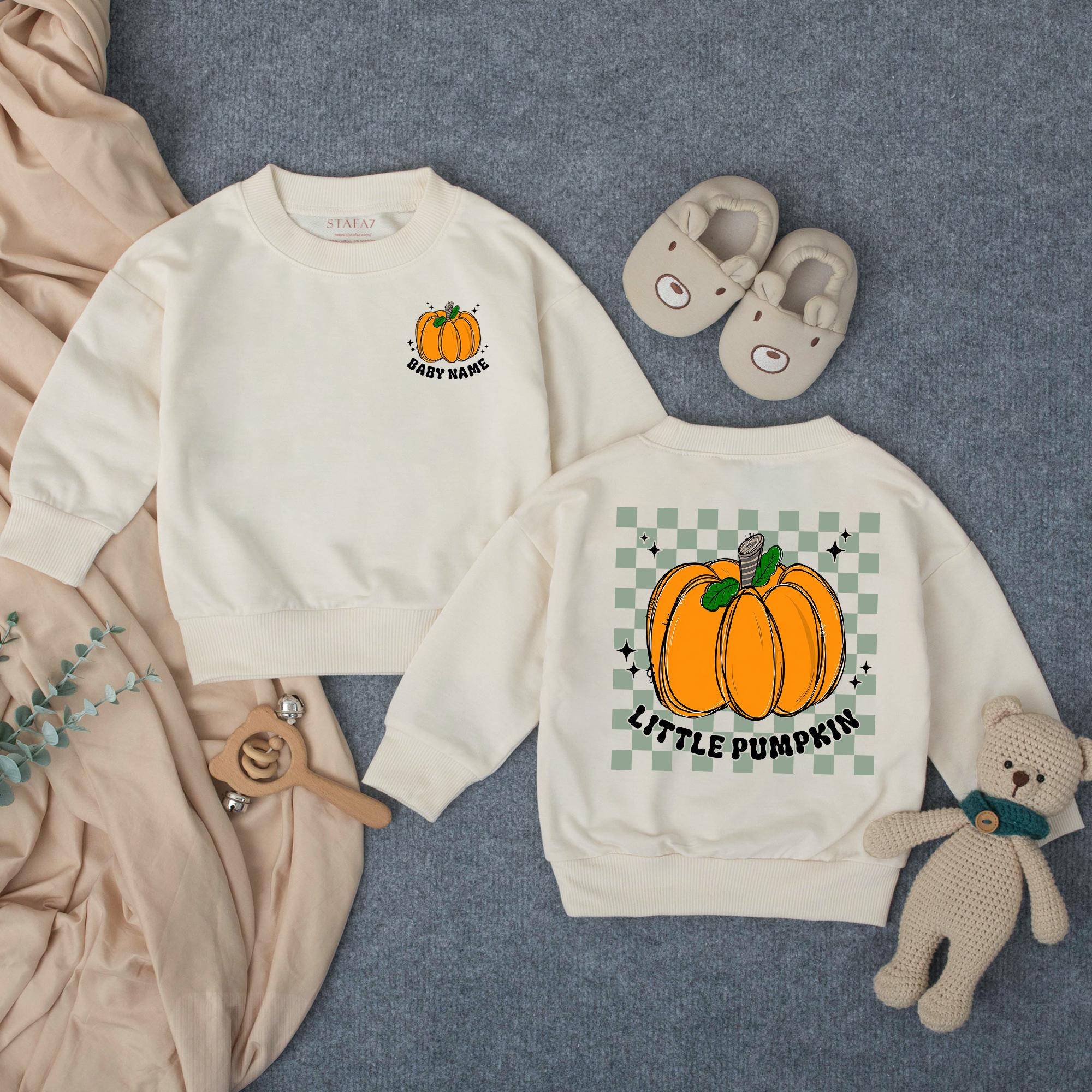 Little Pumpkin Baby Sweatshirt Romper with Retro Checkered Artwork, Custom Name Fall Outfit for Pumpkin Patch or Halloween