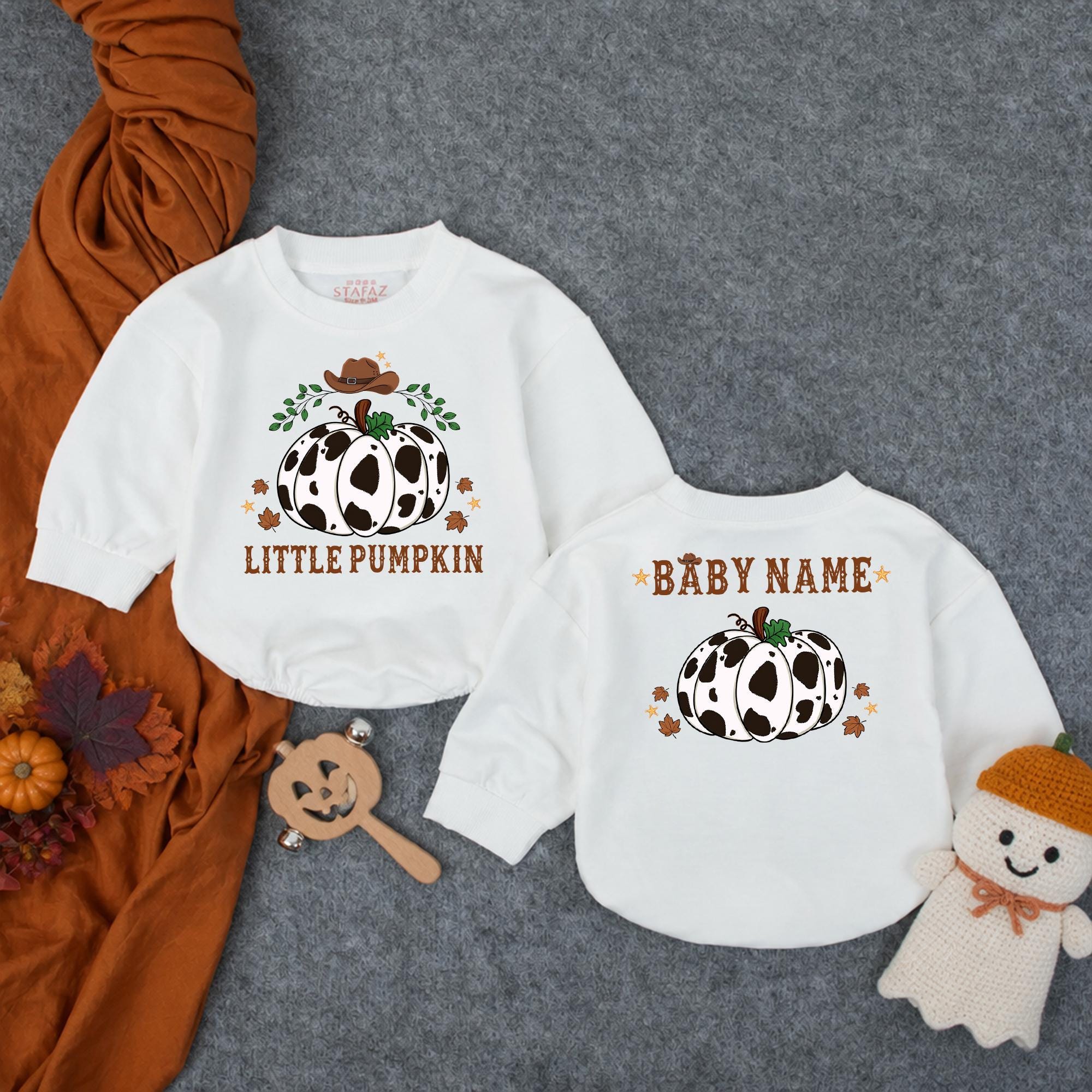Little Pumpkin Cow Print Baby Bubble Romper with Custom Name, Fall Harvest Infant Outfit for Pumpkin Patch or Halloween Photos