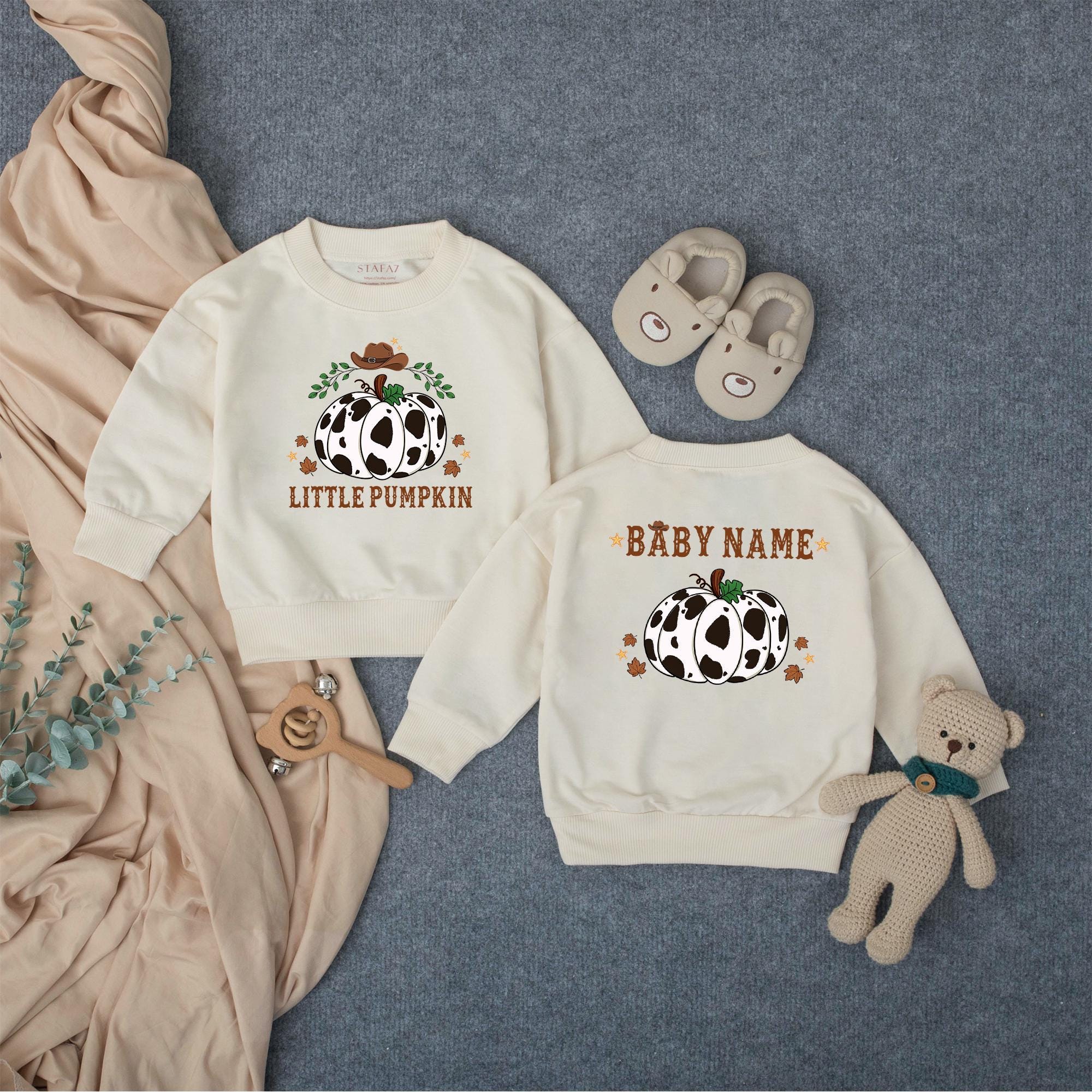 Little Pumpkin Cow Print Baby Bubble Romper with Custom Name, Fall Harvest Infant Outfit for Pumpkin Patch or Halloween Photos