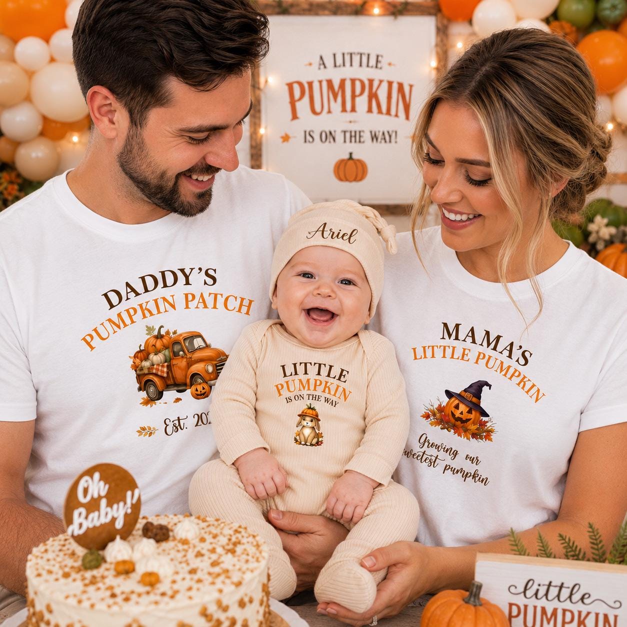 Little Pumpkin Family Matching Shirts with Fall Graphics, Pregnancy Announcement Outfit, Custom Name Hat for Baby