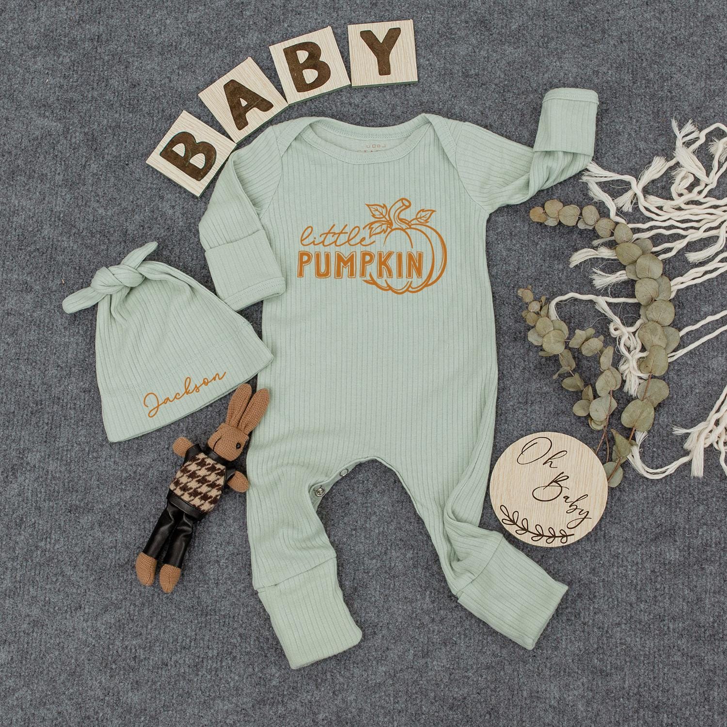 Little Pumpkin Newborn Baby Bodysuit and Hat Set Personalized Autumn Gift Soft Cotton Fall Outfit Coming Home Baby Shower Present