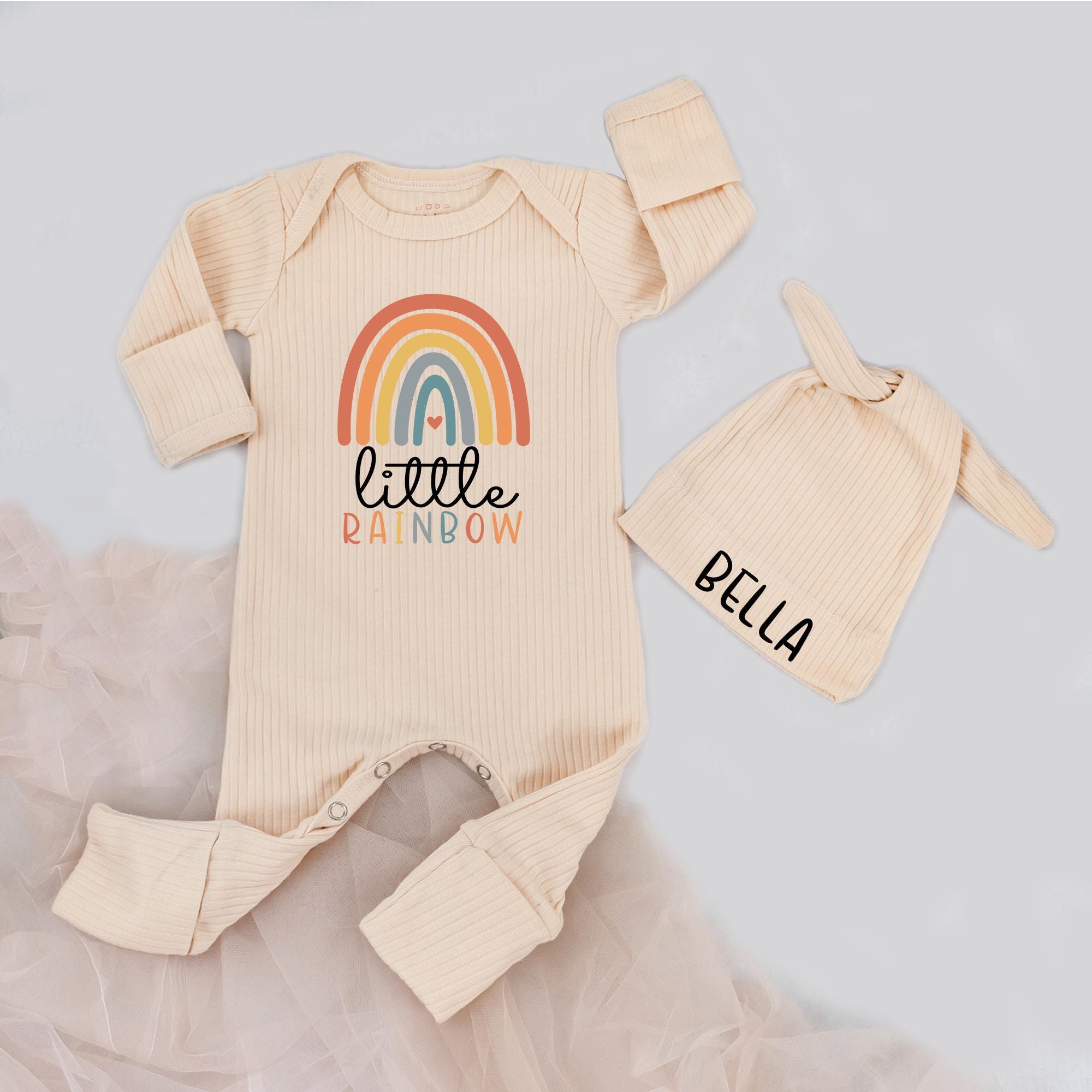 Little Rainbow Baby Bodysuit and Hat Set with Custom Name, Boho Newborn Coming Home Outfit, Baby Shower Gift for Rainbow Babies
