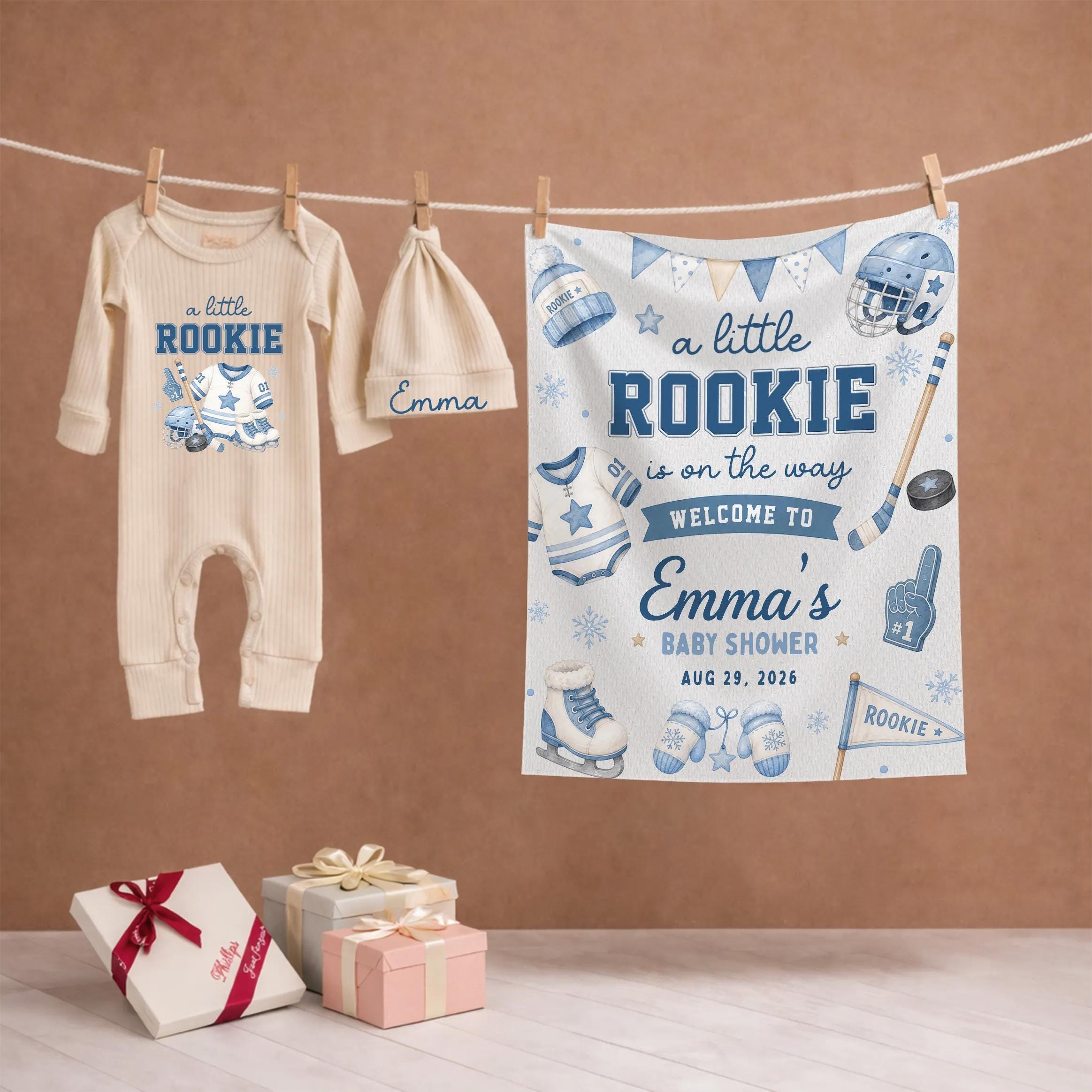 A Little Rookie Baby Shower Silk Banner with Custom Name and Date, Sports Theme Decor for Baby Boy Shower or Nursery Display