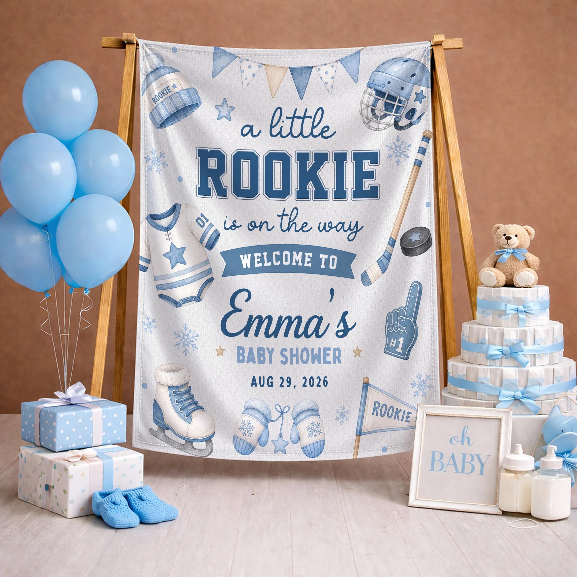A Little Rookie Baby Shower Silk Banner with Custom Name and Date, Sports Theme Decor for Baby Boy Shower or Nursery Display