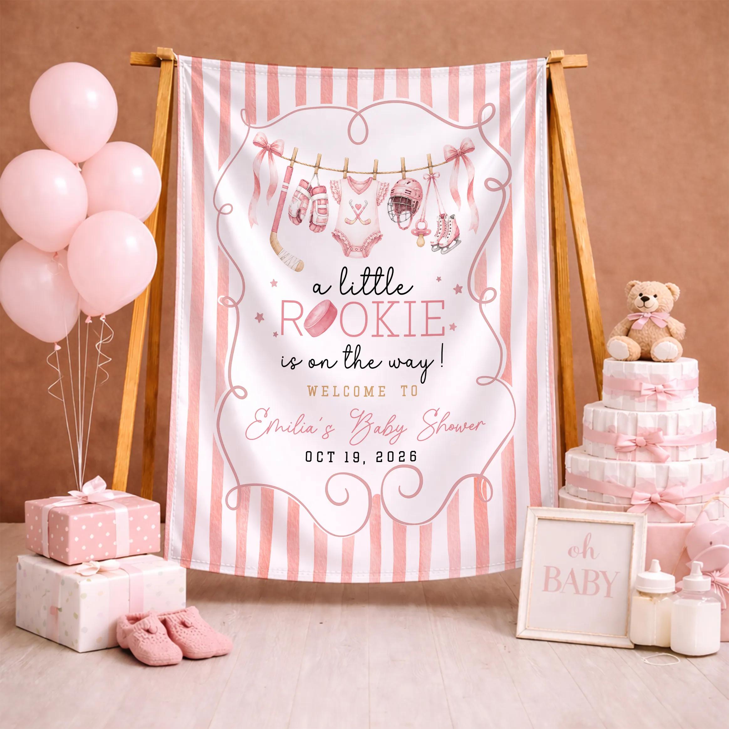 A Little Rookie Is on the Way Baby Shower Silk Banner with Pink Stripes, Custom Name & Date, Girl Hockey Theme Party Decor