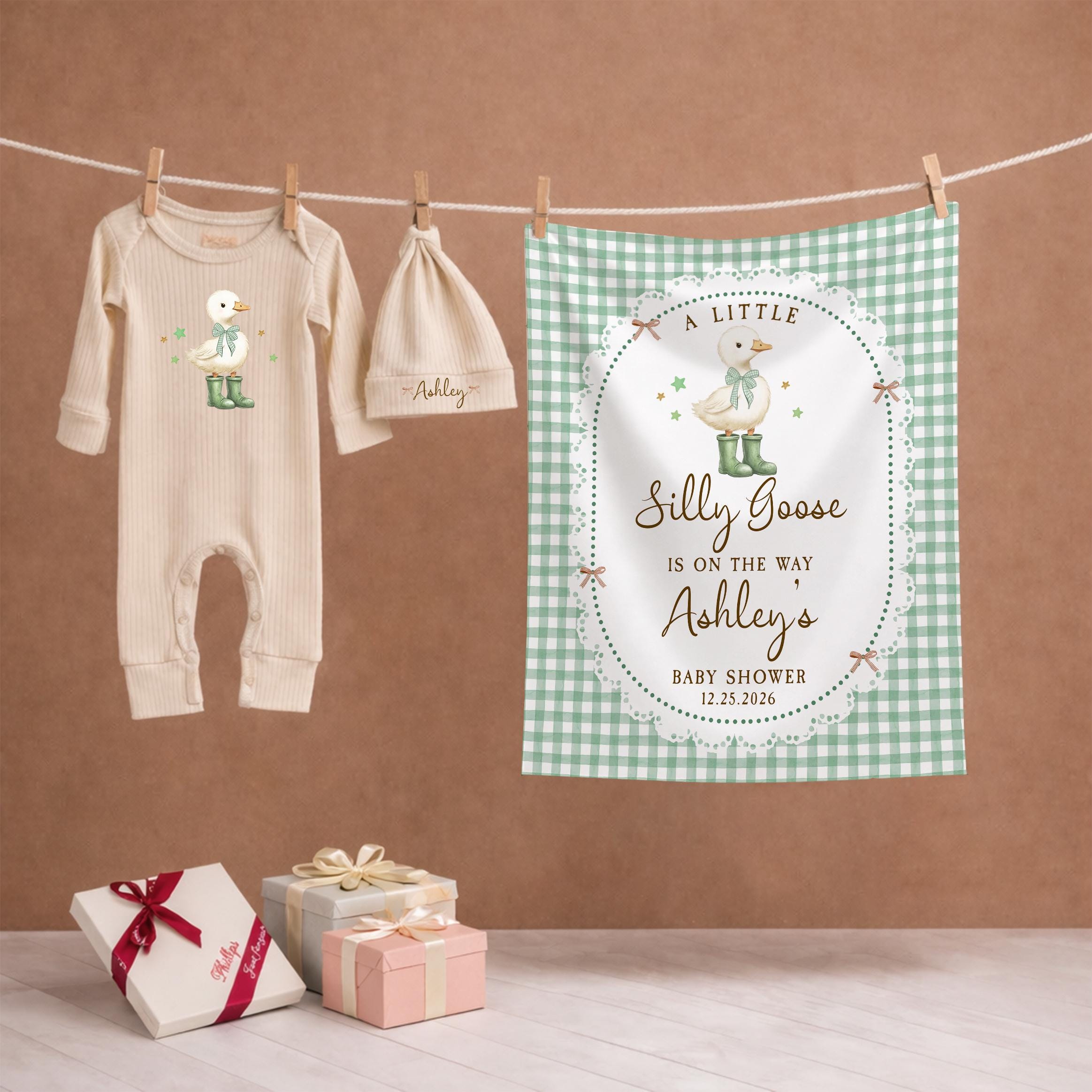 A Little Silly Goose Baby Shower Silk Banner and Bodysuit Set with Custom Name, Personalized Baby Shower Decoration