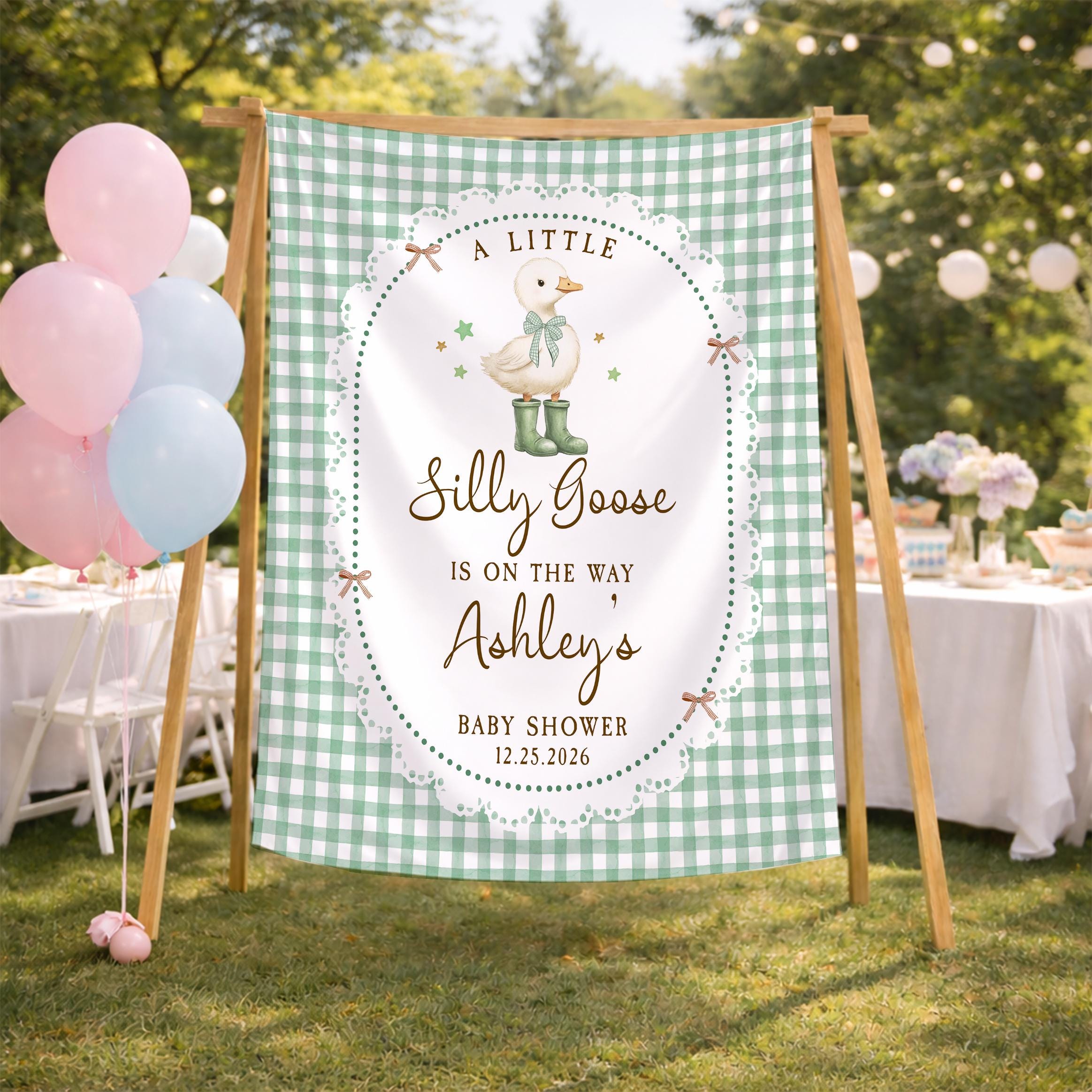 A Little Silly Goose Baby Shower Silk Banner and Bodysuit Set with Custom Name, Personalized Baby Shower Decoration