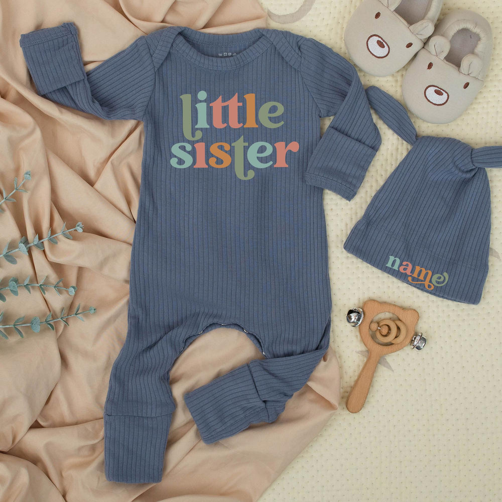 Little Sister Baby Bodysuit and Hat Set with Name Customization Retro Font Newborn Girl Going Home Outfit Soft Cotton Keepsake Gift