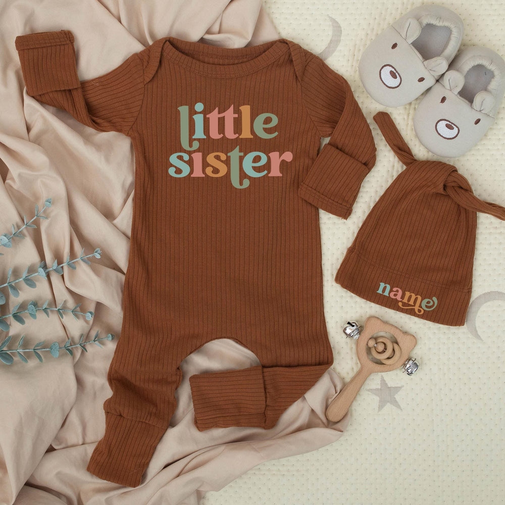 Little Sister Baby Bodysuit and Hat Set with Name Customization Retro Font Newborn Girl Going Home Outfit Soft Cotton Keepsake Gift