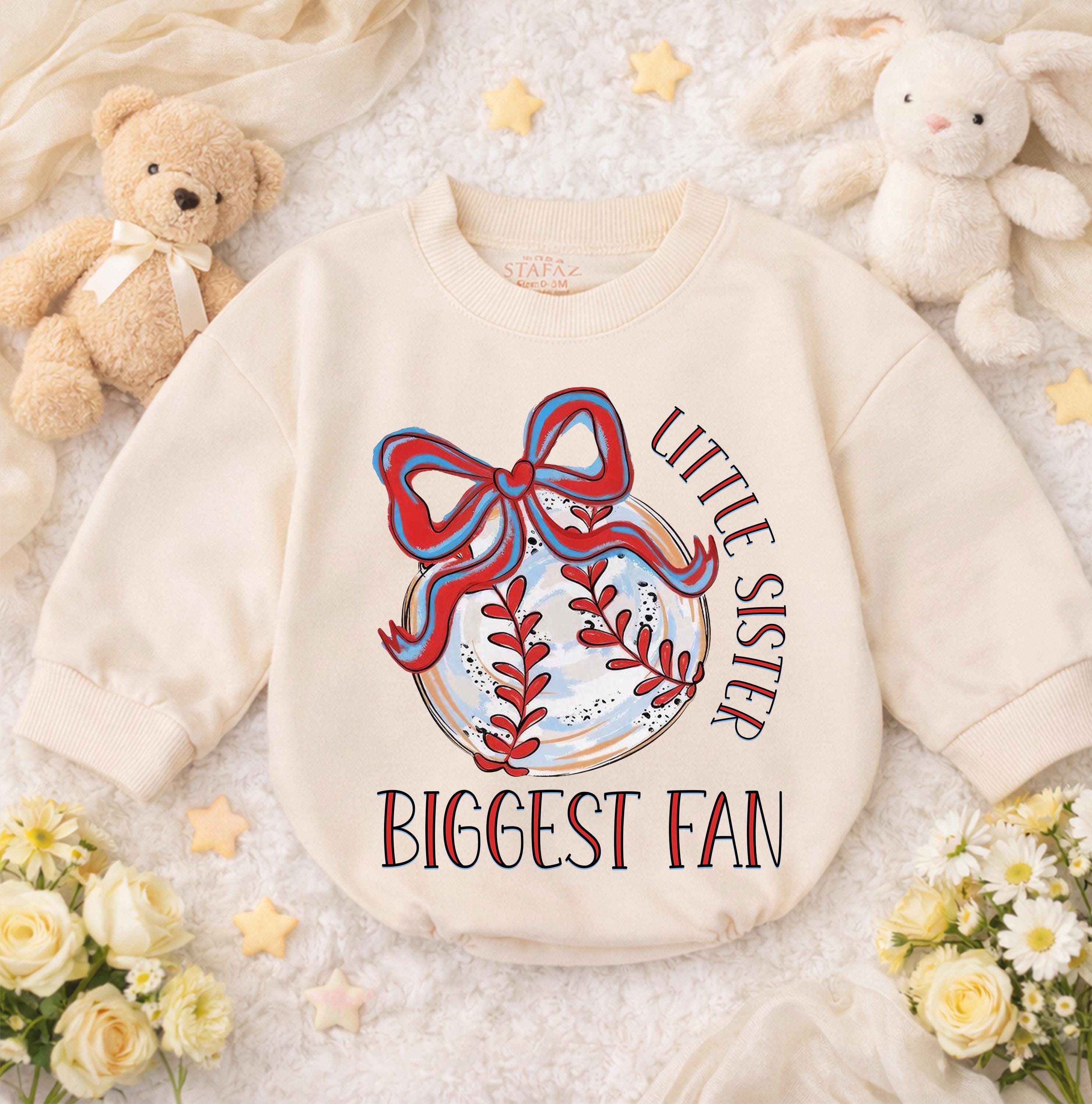 Little Sister Biggest Fan Baseball Romper Baby Girl Outfit Vintage Design Sport Baby Clothes Red White Blue Soft Cotton Game Day Wear