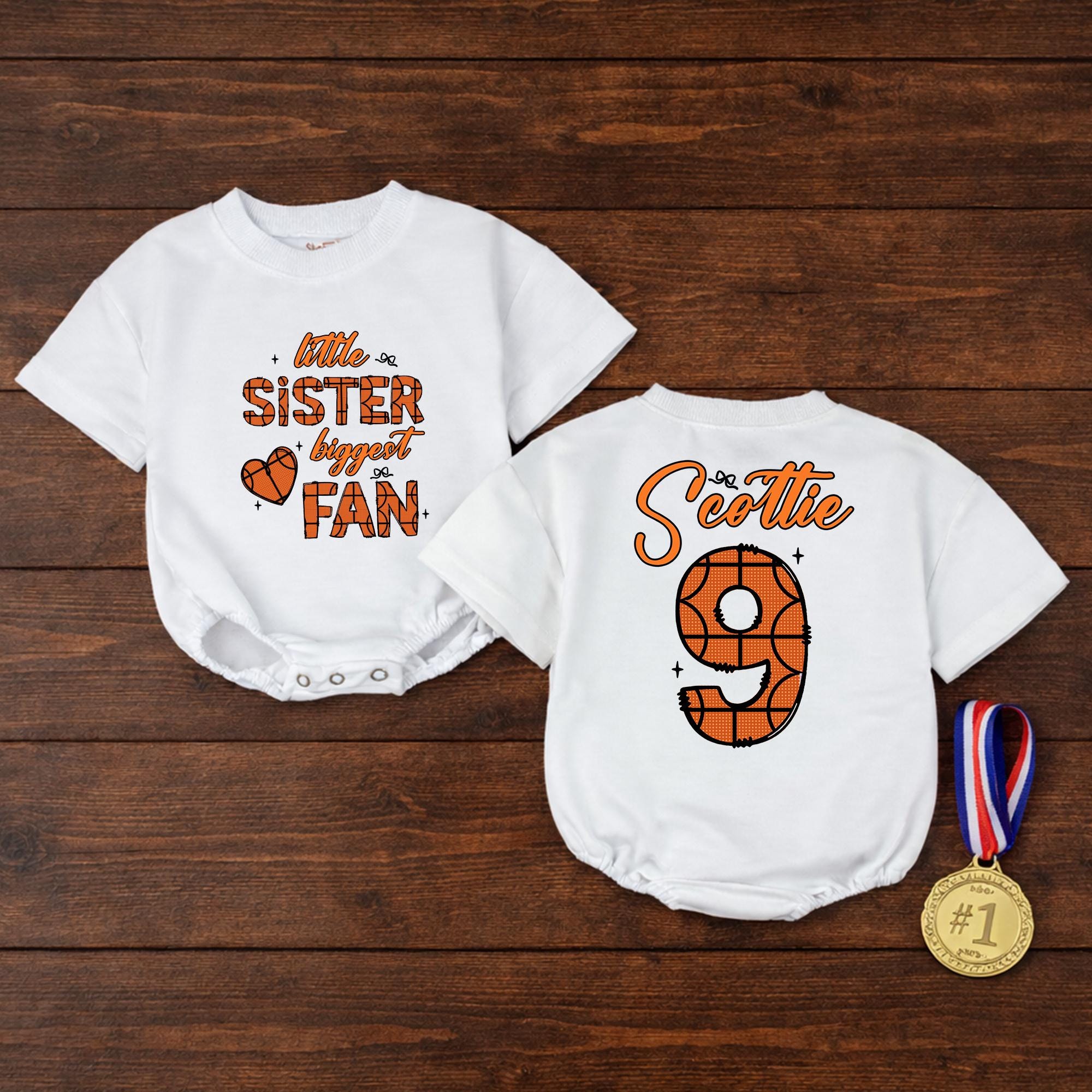 Little Sister Biggest Fan Basketball Baby Romper with Custom Name & Number, Game Day Outfit for Baby Girl, Sports Fan Gift