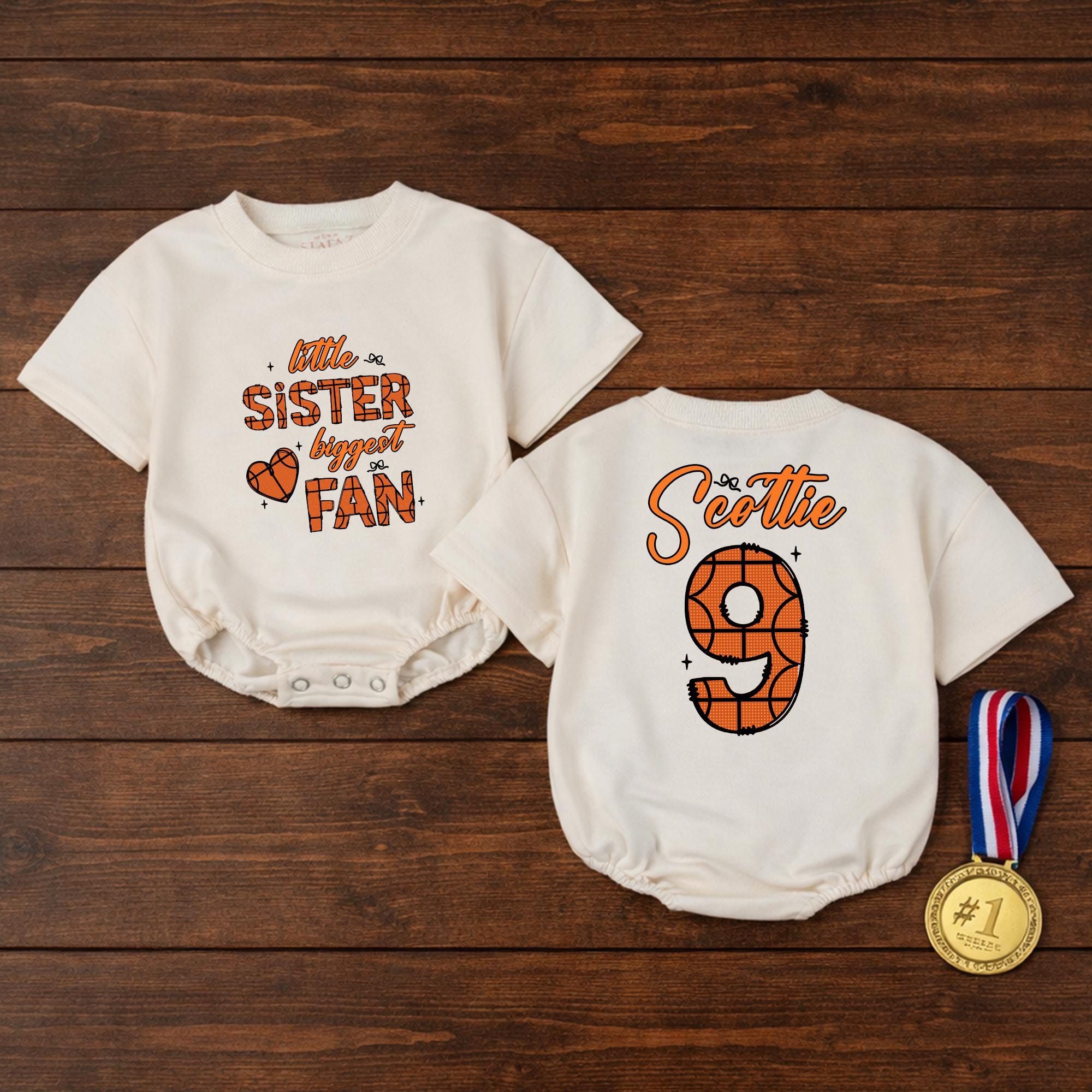Little Sister Biggest Fan Basketball Baby Romper with Custom Name & Number, Game Day Outfit for Baby Girl, Sports Fan Gift