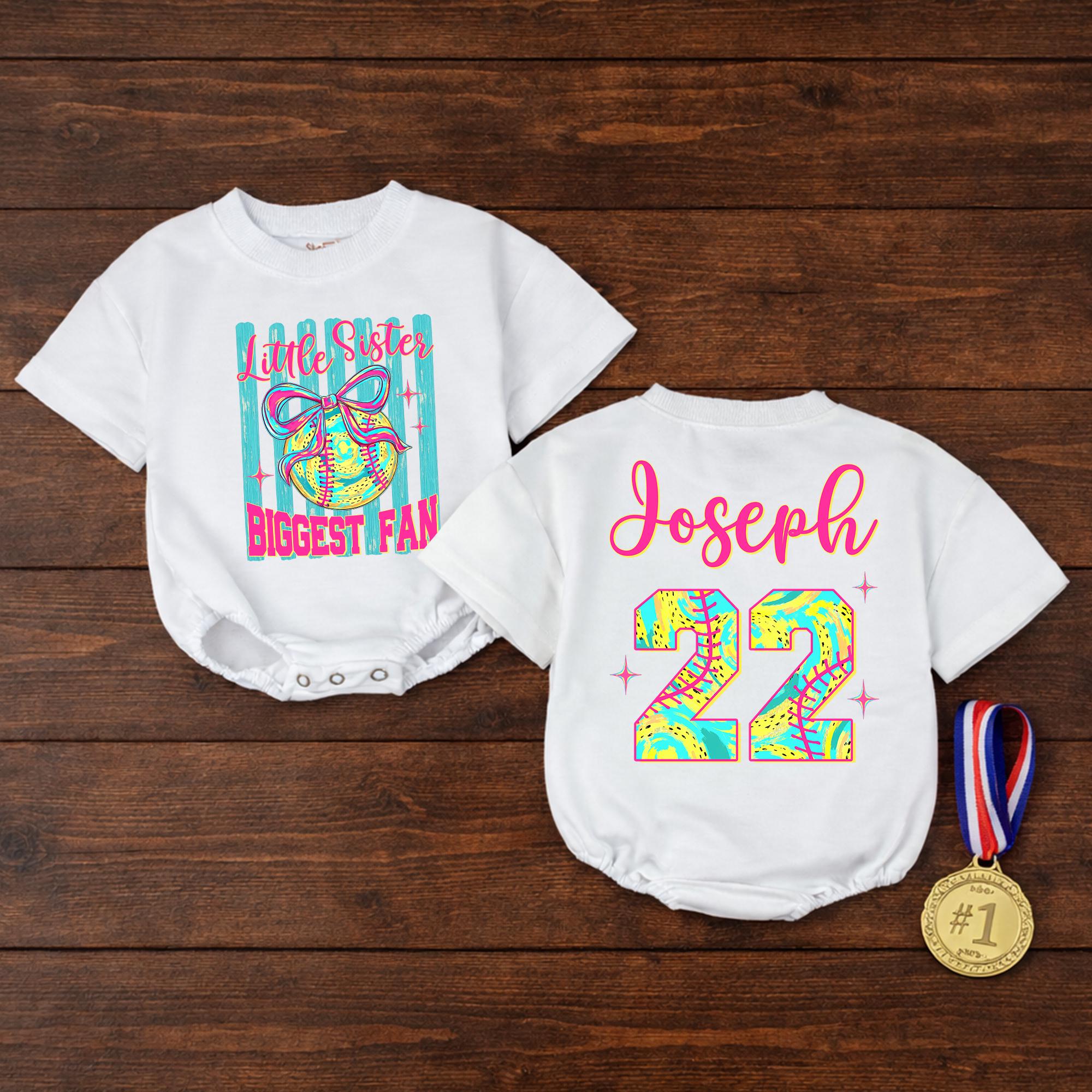 Little Sister Biggest Fan Bubble Romper with Custom Name and Number, Neon Retro Softball Game Day Outfit for Toddler Girls