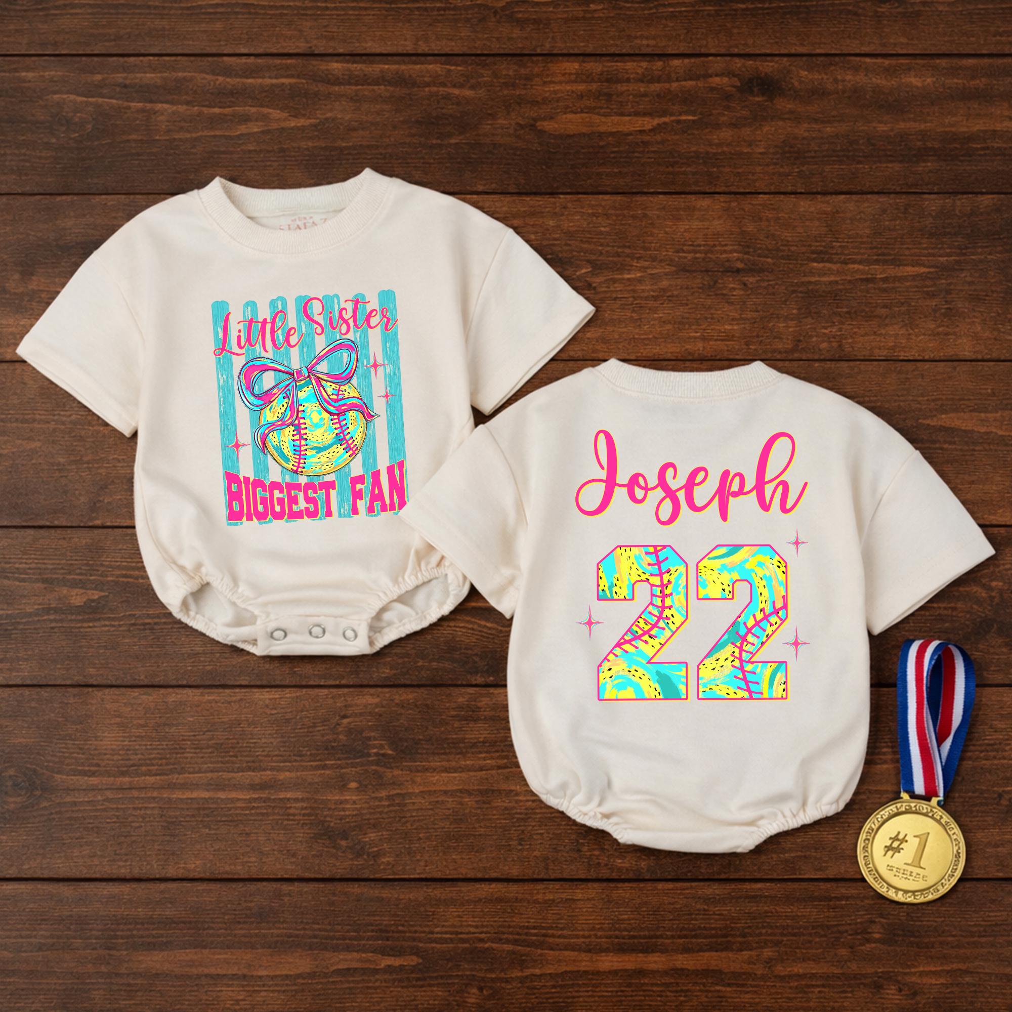 Little Sister Biggest Fan Bubble Romper with Custom Name and Number, Neon Retro Softball Game Day Outfit for Toddler Girls