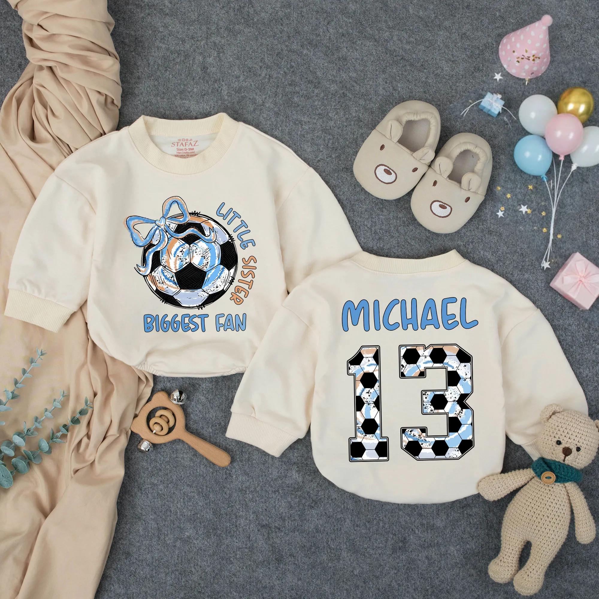 Little Sister Biggest Fan Soccer Baby Romper with Custom Name & Number, Toddler Game Day Outfit, Personalized Soccer Girl Bodysuit