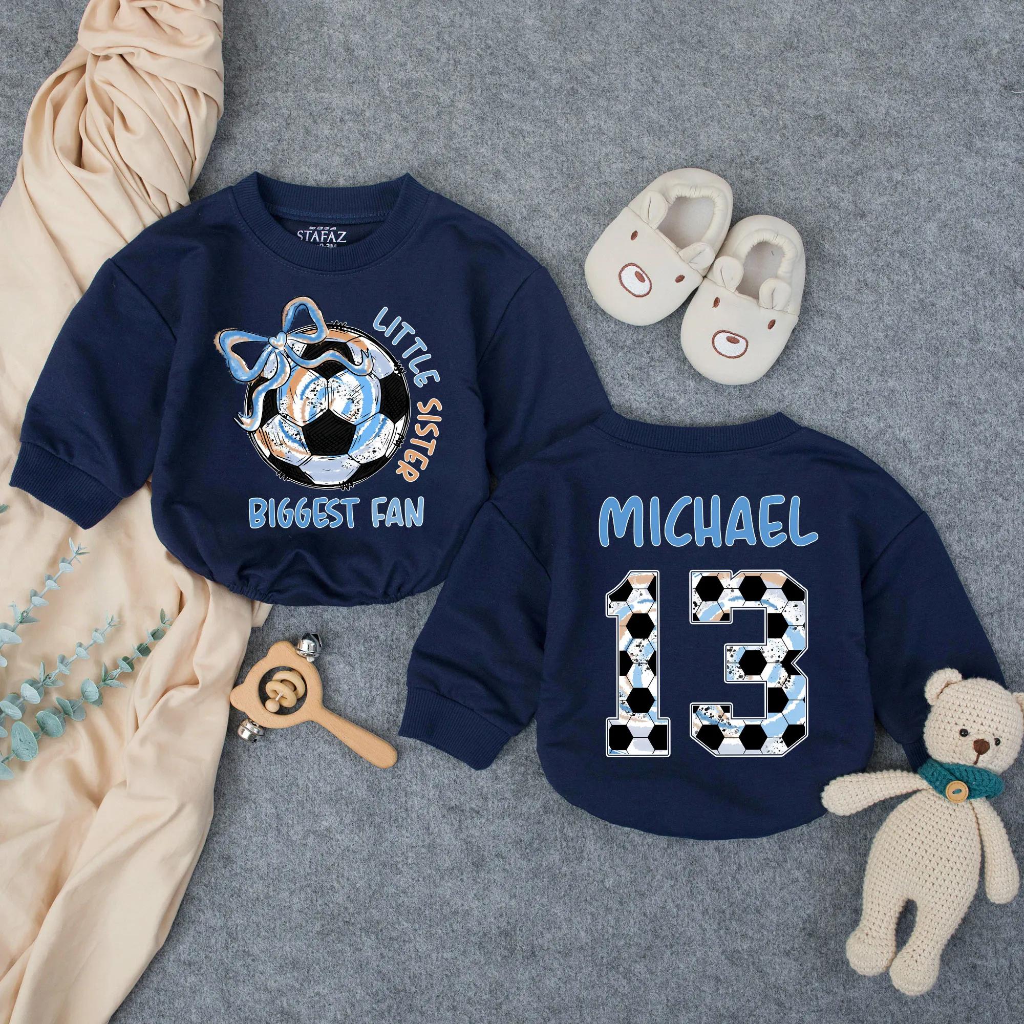 Little Sister Biggest Fan Soccer Baby Romper with Custom Name & Number, Toddler Game Day Outfit, Personalized Soccer Girl Bodysuit