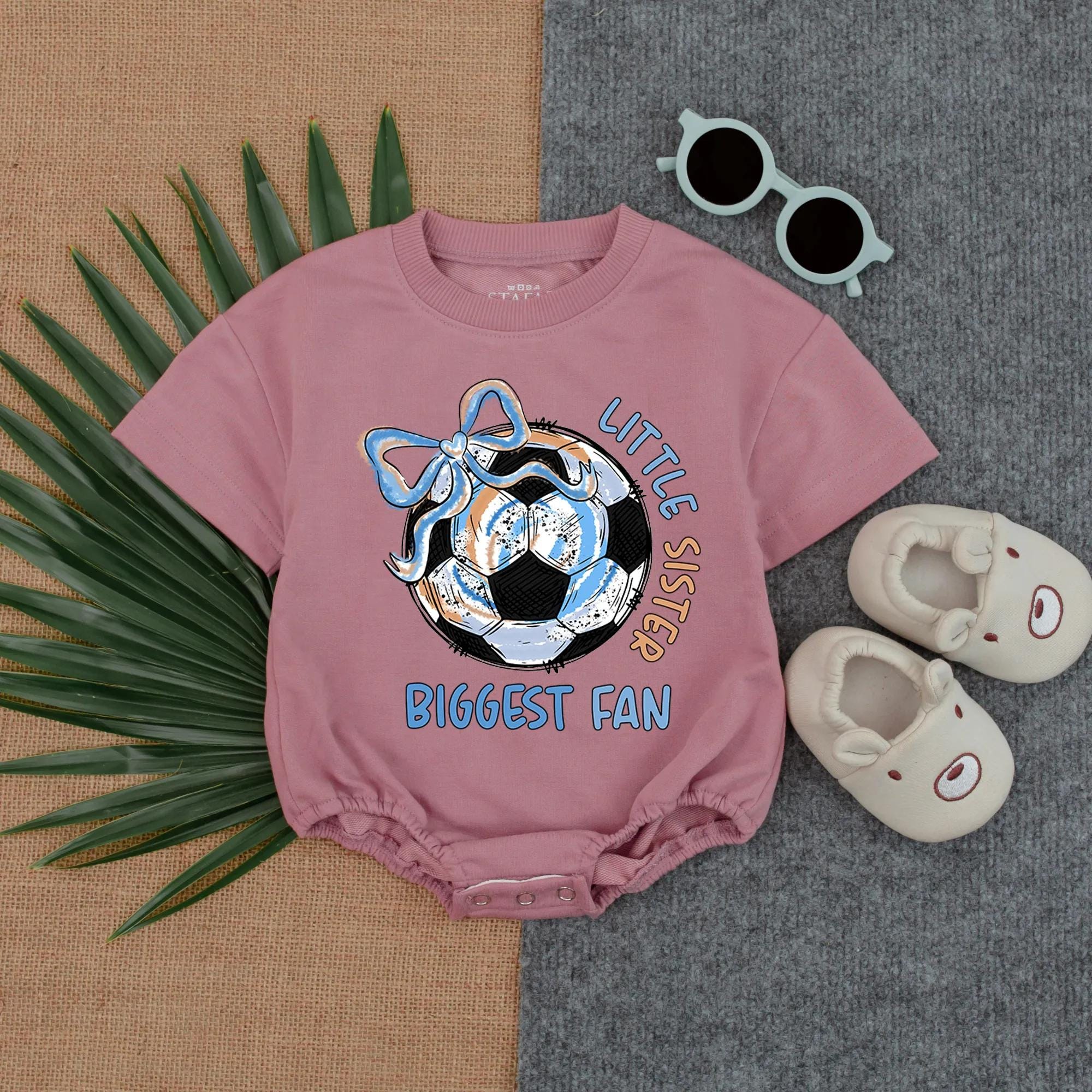 Little Sister Biggest Fan Soccer Romper Playful Bow Baby Girl Outfit Toddler Sports Bodysuit Infant Game Day Clothes Soft Cotton Gift