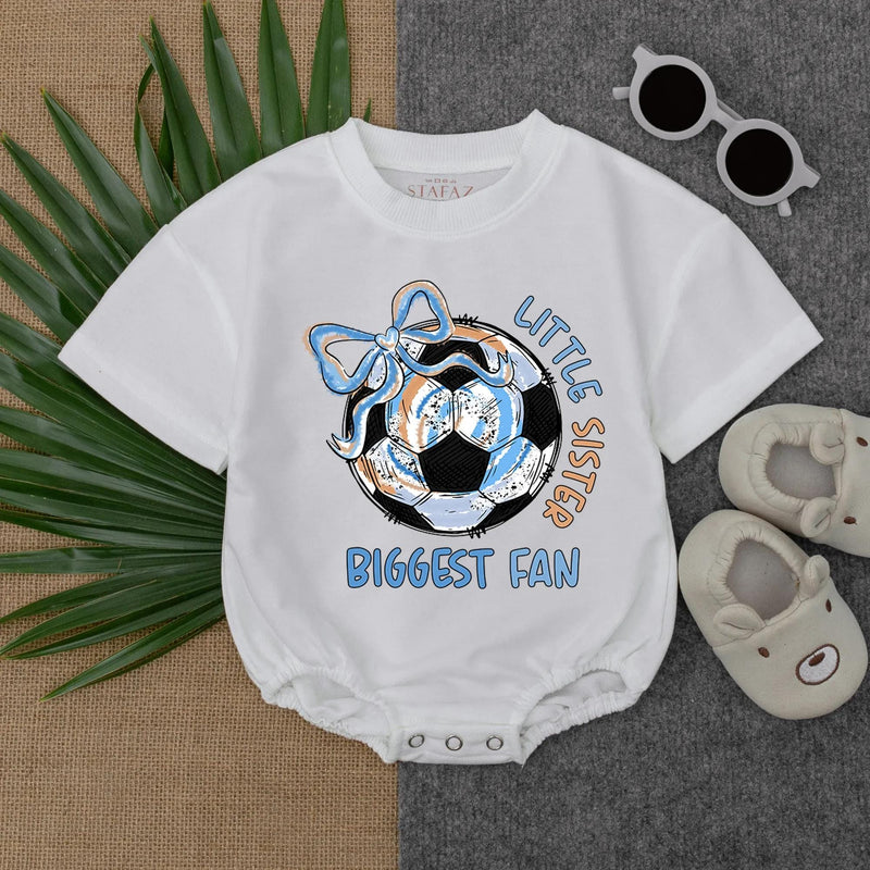 Little Sister Biggest Fan Soccer Romper Playful Bow Baby Girl Outfit Toddler Sports Bodysuit Infant Game Day Clothes Soft Cotton Gift