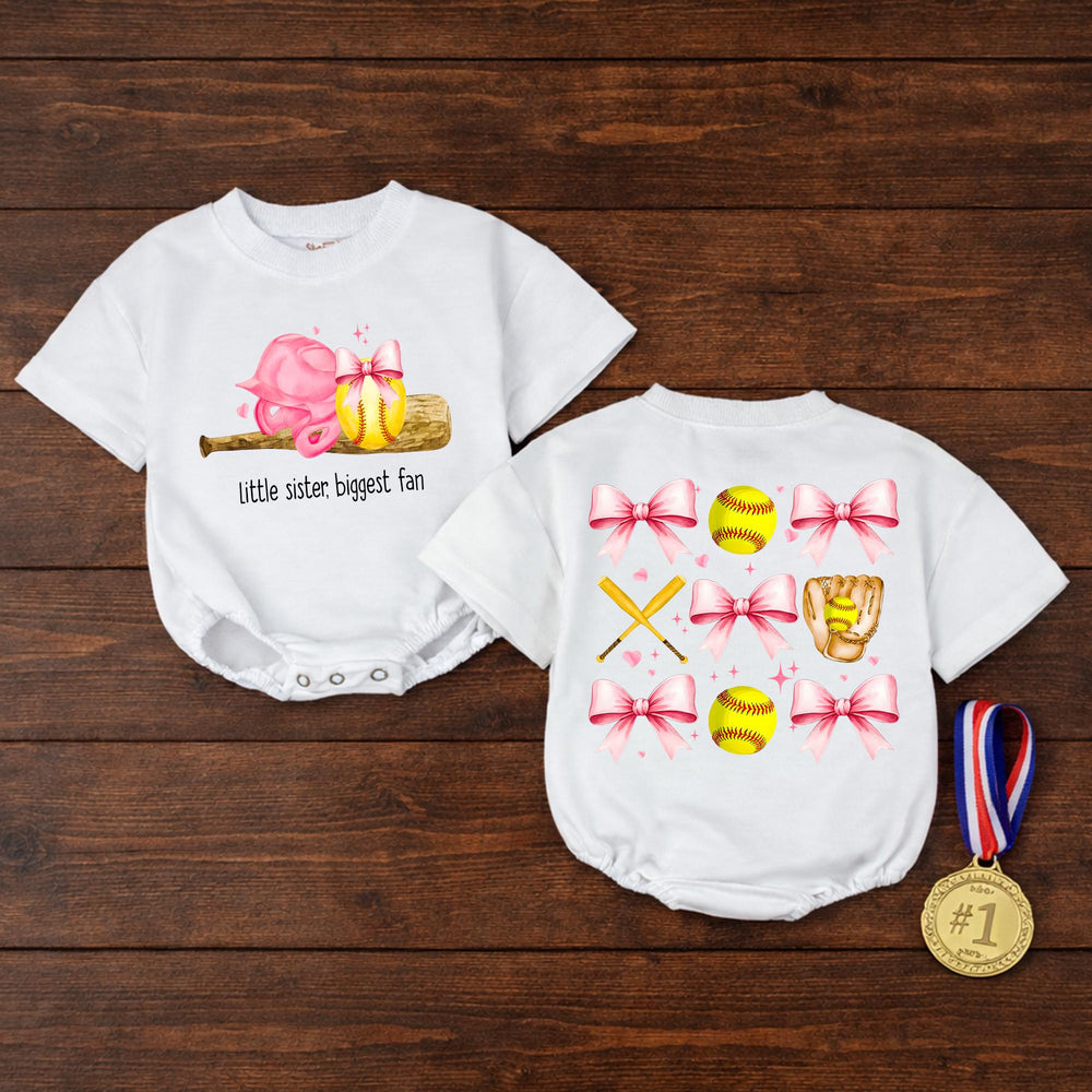 Little Sister Biggest Fan Softball Bubble Romper Baby Girl Game Day Outfit with Pink Bow Accents Comfortable Cotton Design