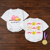 Little Sister Biggest Fan Softball Bubble Romper Baby Girl Game Day Outfit with Pink Bow Accents Comfortable Cotton Design