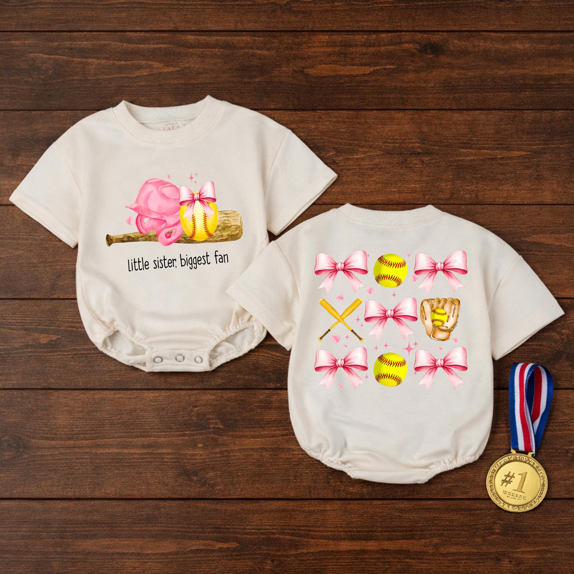 Little Sister Biggest Fan Softball Bubble Romper Baby Girl Game Day Outfit with Pink Bow Accents Comfortable Cotton Design