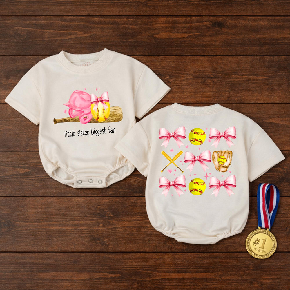 Little Sister Biggest Fan Softball Bubble Romper Baby Girl Game Day Outfit with Pink Bow Accents Comfortable Cotton Design