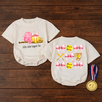 Little Sister Biggest Fan Softball Bubble Romper Baby Girl Game Day Outfit with Pink Bow Accents Comfortable Cotton Design