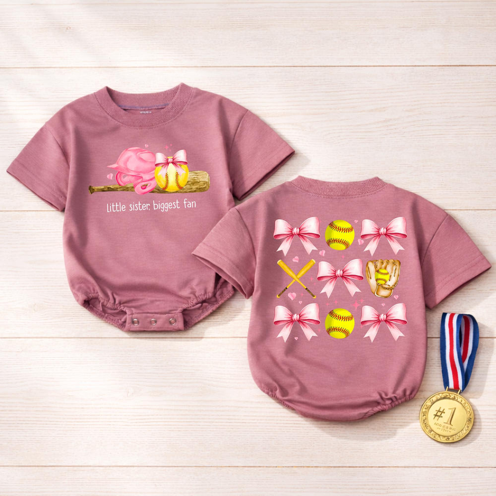 Little Sister Biggest Fan Softball Bubble Romper Baby Girl Game Day Outfit with Pink Bow Accents Comfortable Cotton Design