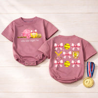 Little Sister Biggest Fan Softball Bubble Romper Baby Girl Game Day Outfit with Pink Bow Accents Comfortable Cotton Design